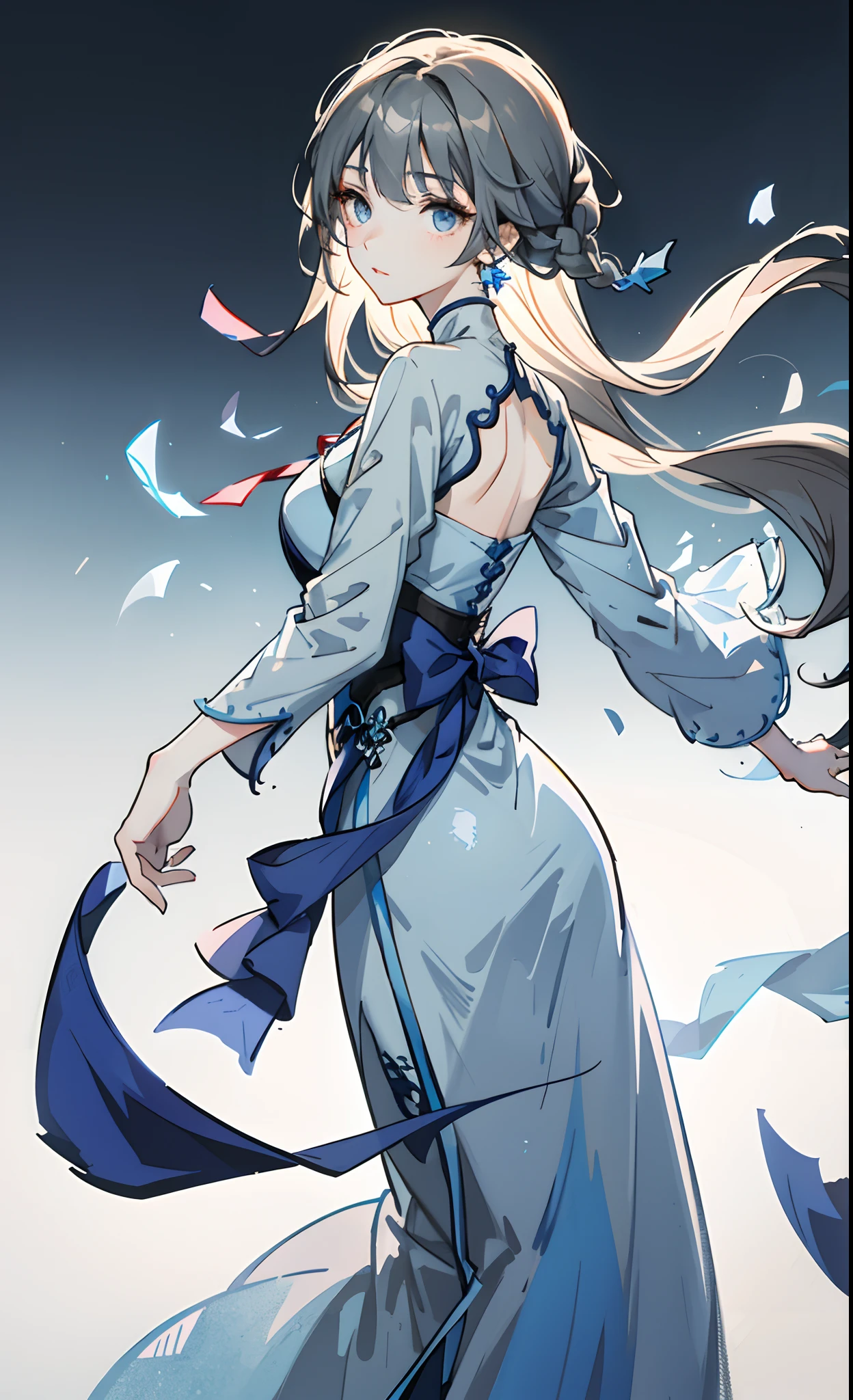 Gray-blue eyes,whaite hair,Gao Lengqing beautiful girl,Light blue gradient maxi dress