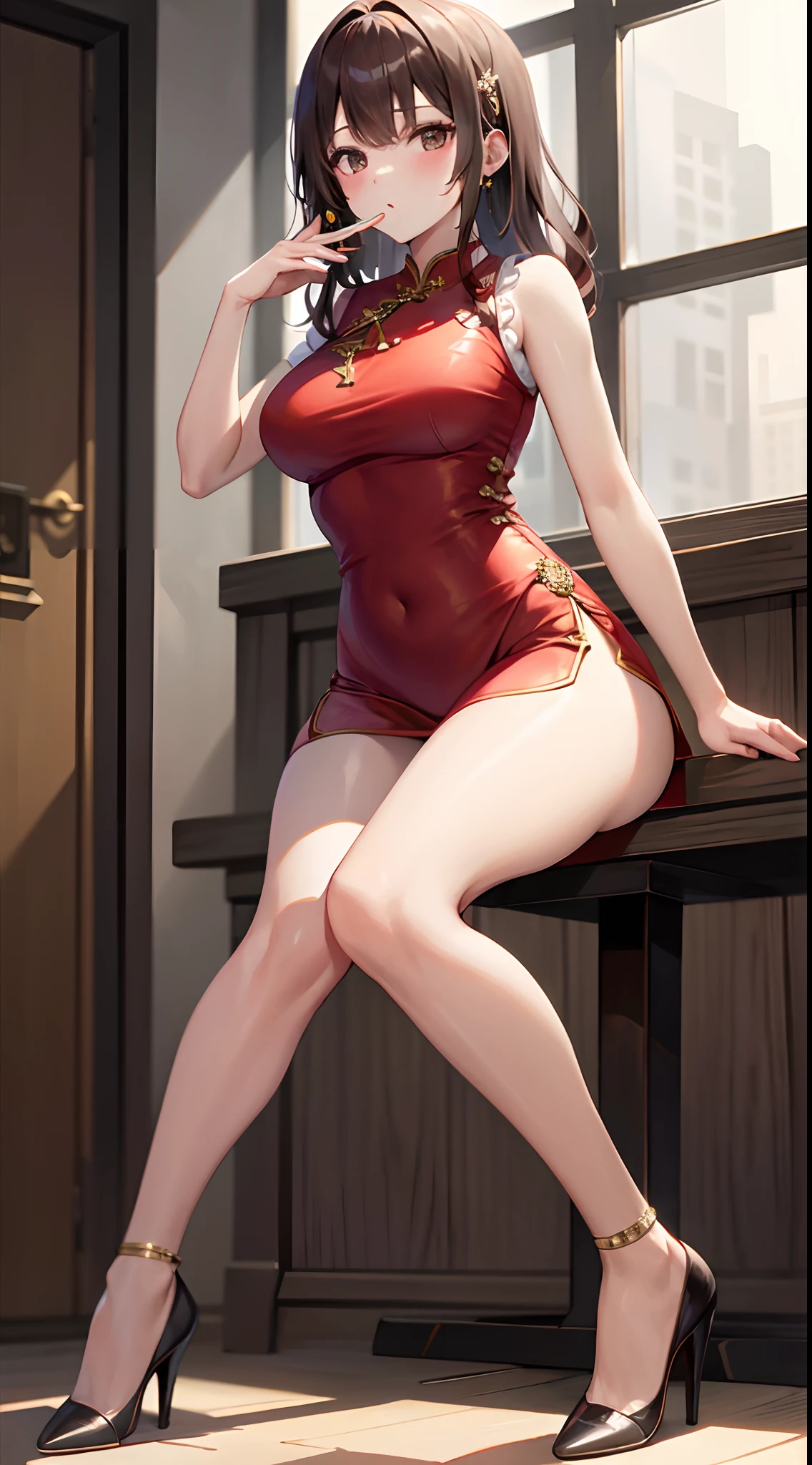 ((Masterpiece, best quality, photography, detailed skin, realistic, photo-realistic, 8k, highly detailed, full body, High detail RAW color art, diffused soft lighting, shallow depth of field, sharp focus, hyperrealism, cinematic lighting, a woman, beautifully makeup, eyeshadow, beautiful big eyes, saggy huge breast, huge hips, chubby, ((Brown eyes)), long eye lashes, brunette updo hair, wearing ((Gray satin sundress)), satin thongs, standing splits, single legs up, touching her foot, hots spring, sakura garden