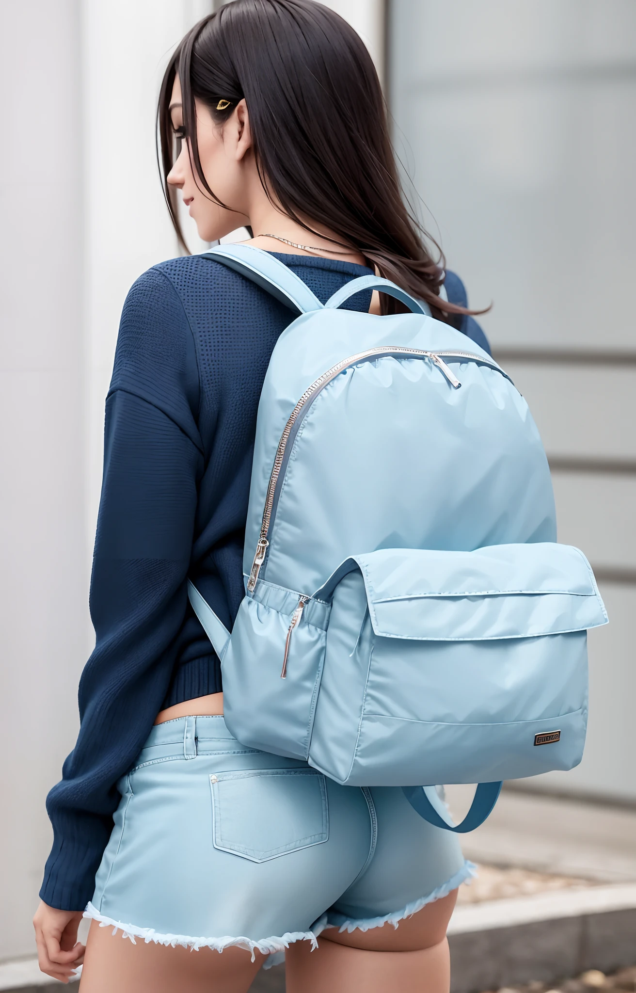 A beautiful woman in shorts and blue sweater is carrying a backpack, derriere tonificado, toned estate, uma mochila, mochila, com uma mochila, mochila disco de controle remoto, Cool tonalizado, bolo', acentos iridescentes brilhantes, com dois bolsos frontais, Reflective metal, foto do produto, ao entardecer!, tons perolados, Noite ao entardecer, Metal Refletivo, vivid detail, dusk setting, perolado