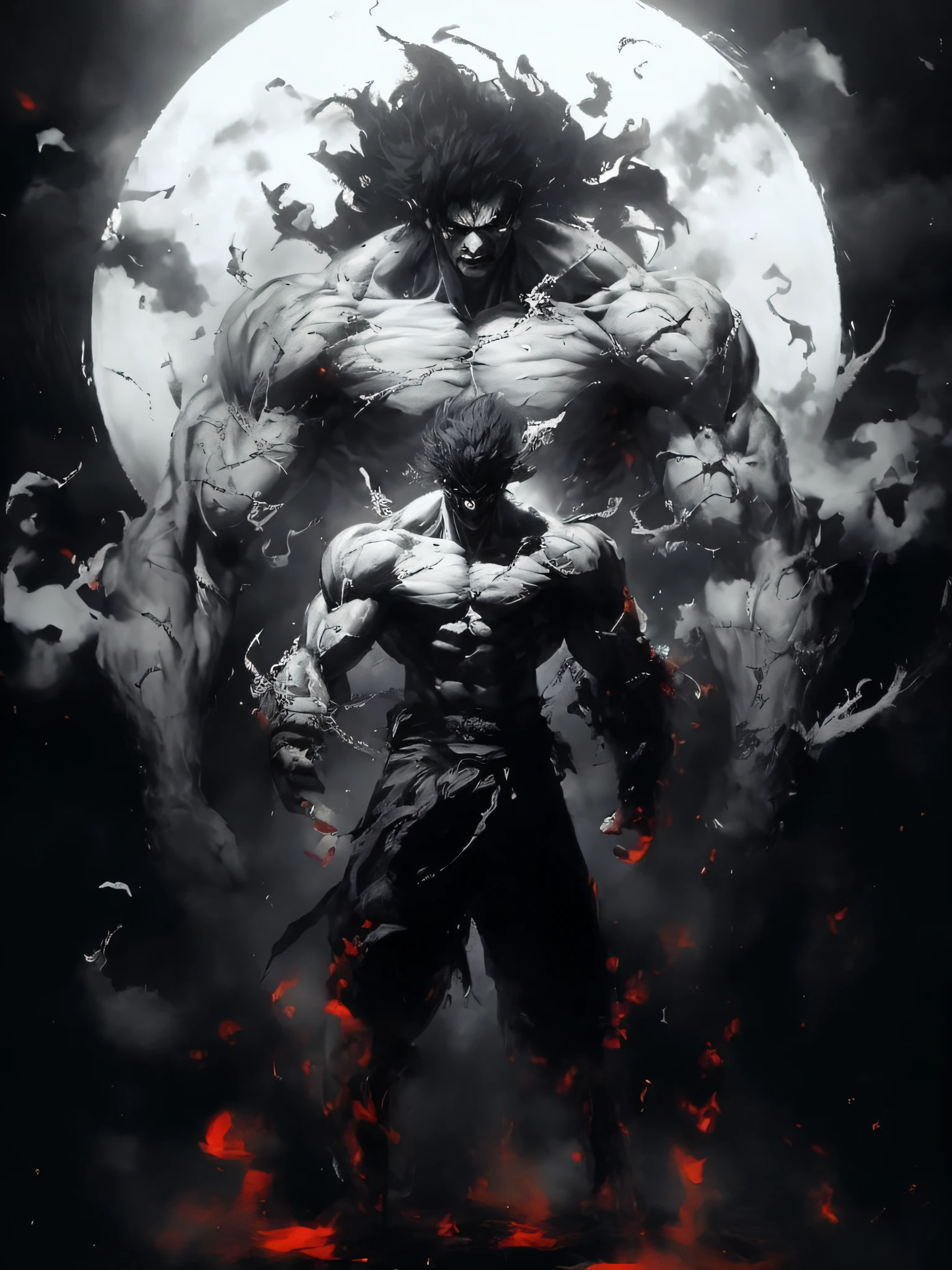 In the background is a black and white photo of a demon with a full moon, Anime epic artwork, Badass anime 8 K, 4K anime wallpaper, 4k manga wallpapers, Anime wallpaper 4 k, Anime wallpaper 4K, Anime art wallpaper 4k, Anime art wallpaper 4 K, Anime art wallpaper 8 K, Coercion,powerful stance, symetry!! portrait of akuma