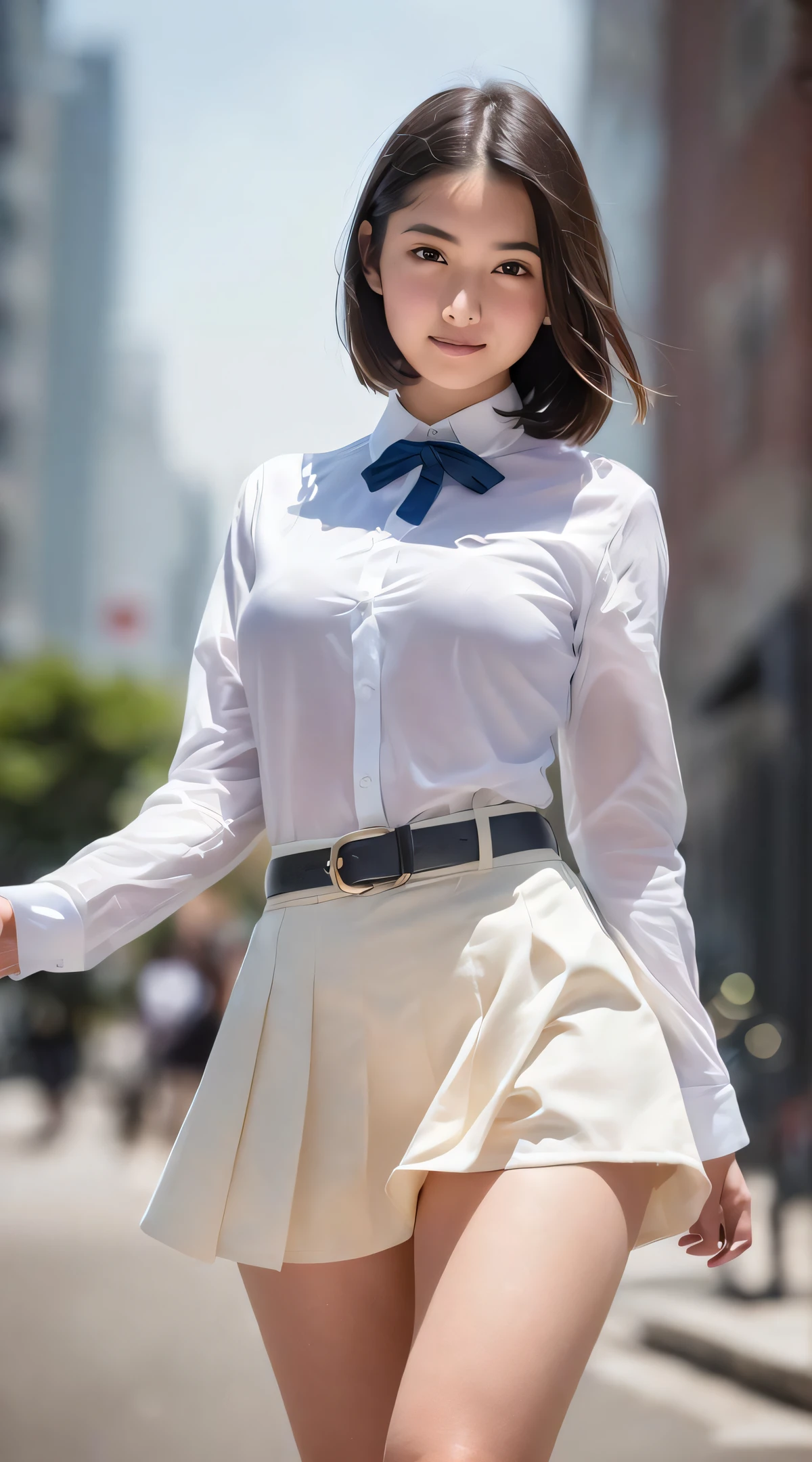 (( 19 year old young girl wear high school uniform costume:1.3)),(Dynamic pose),(skirt floating in the wind), (((Below the waist shot,haunting smile,moist lips,short hair))),
((irises and pupils are rounded,the pupil reflects the surroundings,eyes are not the same size)),
((Big eyes,perfect eyes,watery eyes)),
((thick bangs)),((Thin legs)),(high detailed skin,visible pores),
((medium breasts)),((city street,))
(ultra high res,photorealistic,realistic,best quality,photo-realistic),
(8k, raw photo, best quality, masterpiece),
(photon mapping, radiosity, physically-based rendering,automatic white balance),
technological sense, best quality, masterpiece, illustration,CG ,unity ,wallpaper, official art,
Amazing, finely detail, an extremely delicate and beautiful,extremely detailed,
highly detailed, sharp focus,rich background,blurry background,strong sunlight,
(real person,photograph),