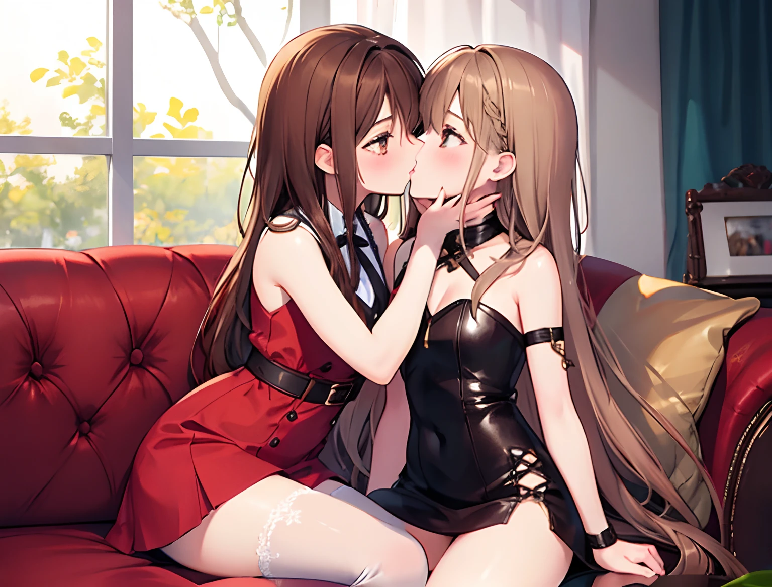 2girls，Girl1：，adolable，brown  hair，long whitr hair，girl 2：Brown hair，long whitr hair，Kiss，Hook each other's thighs