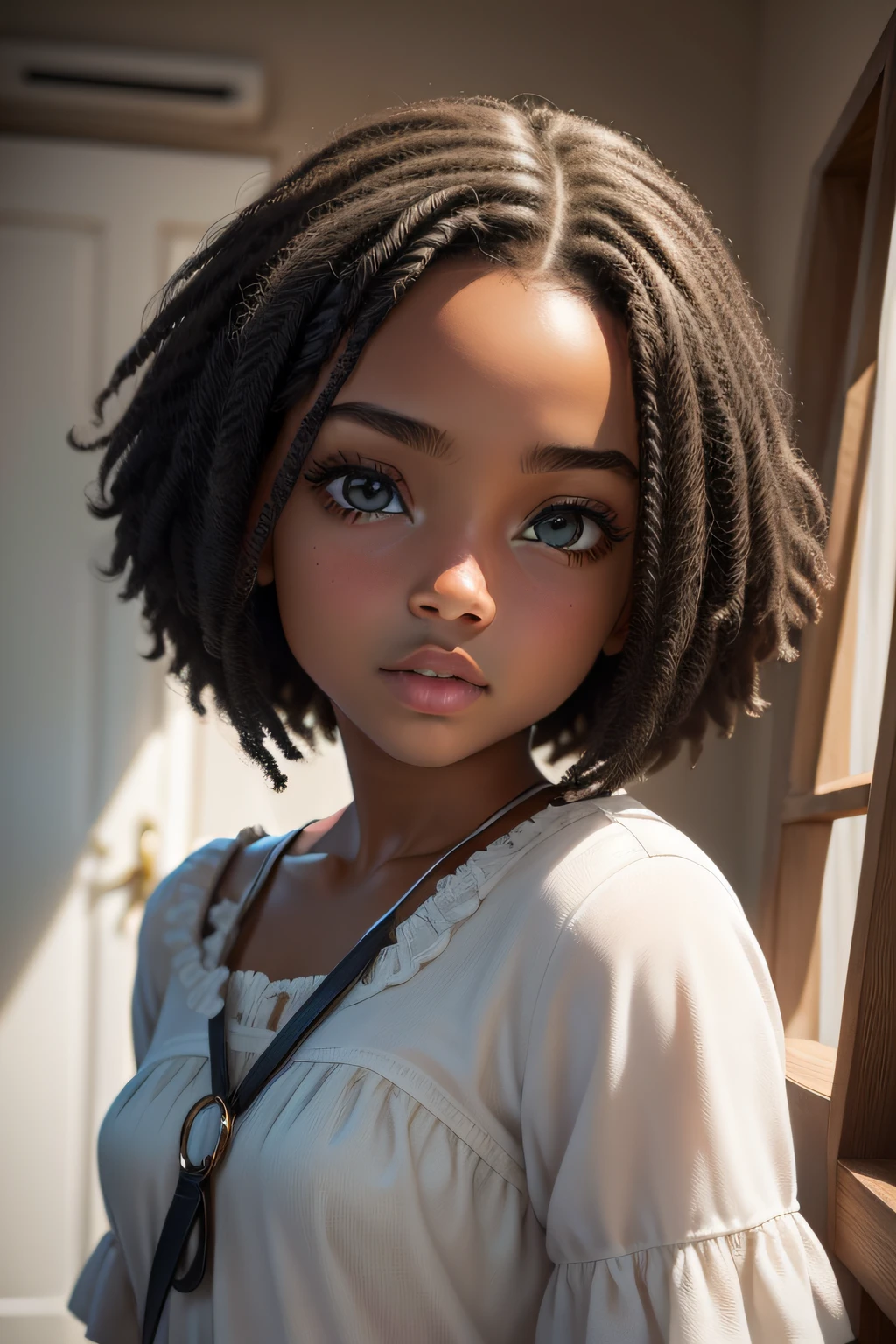 (fundo branco), ((fotorrealista:1.4)), detalhes finos, ((1 menina)), ((solo)), ((rosto extremamente detalhado)), Black girl , ((cabelo curto)), ((cabelo preto)), perfect lighting, obra-prima, melhor qualidade, ultra-detalhado, kawaii, luz, cor, textura, detalhe, beleza, maravilha, colorido