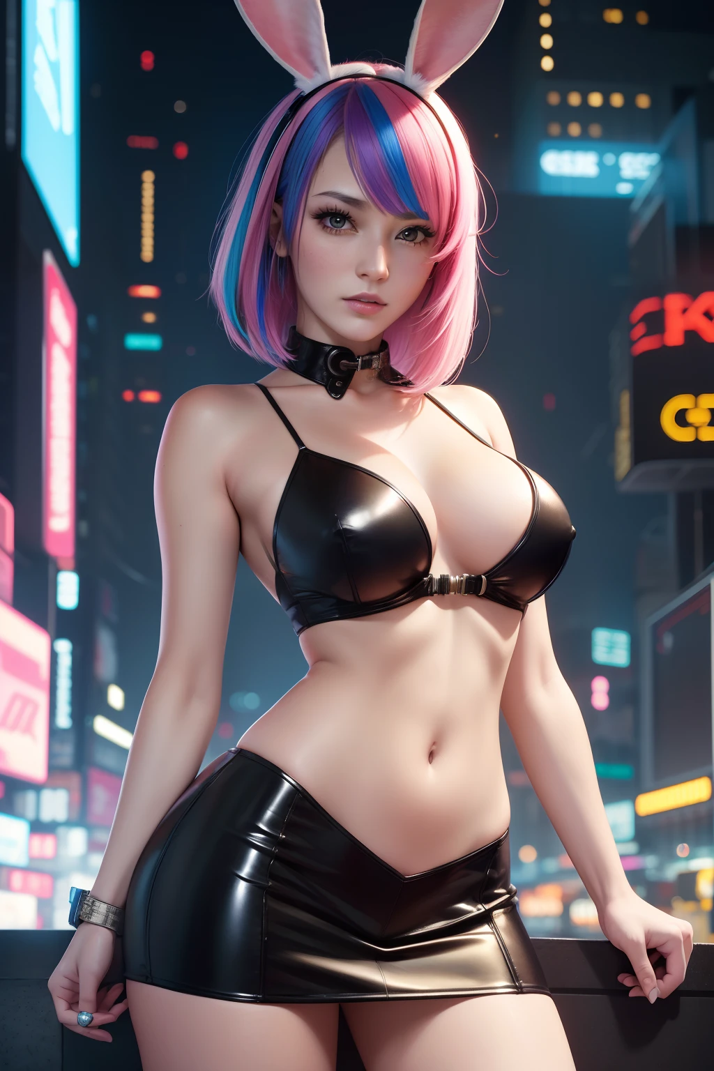 masterpiece, best quality, highres, nm1, cyberpunk playboy bunny, short skirt, rabbit ears, cowboy shot, standing, colorful hair