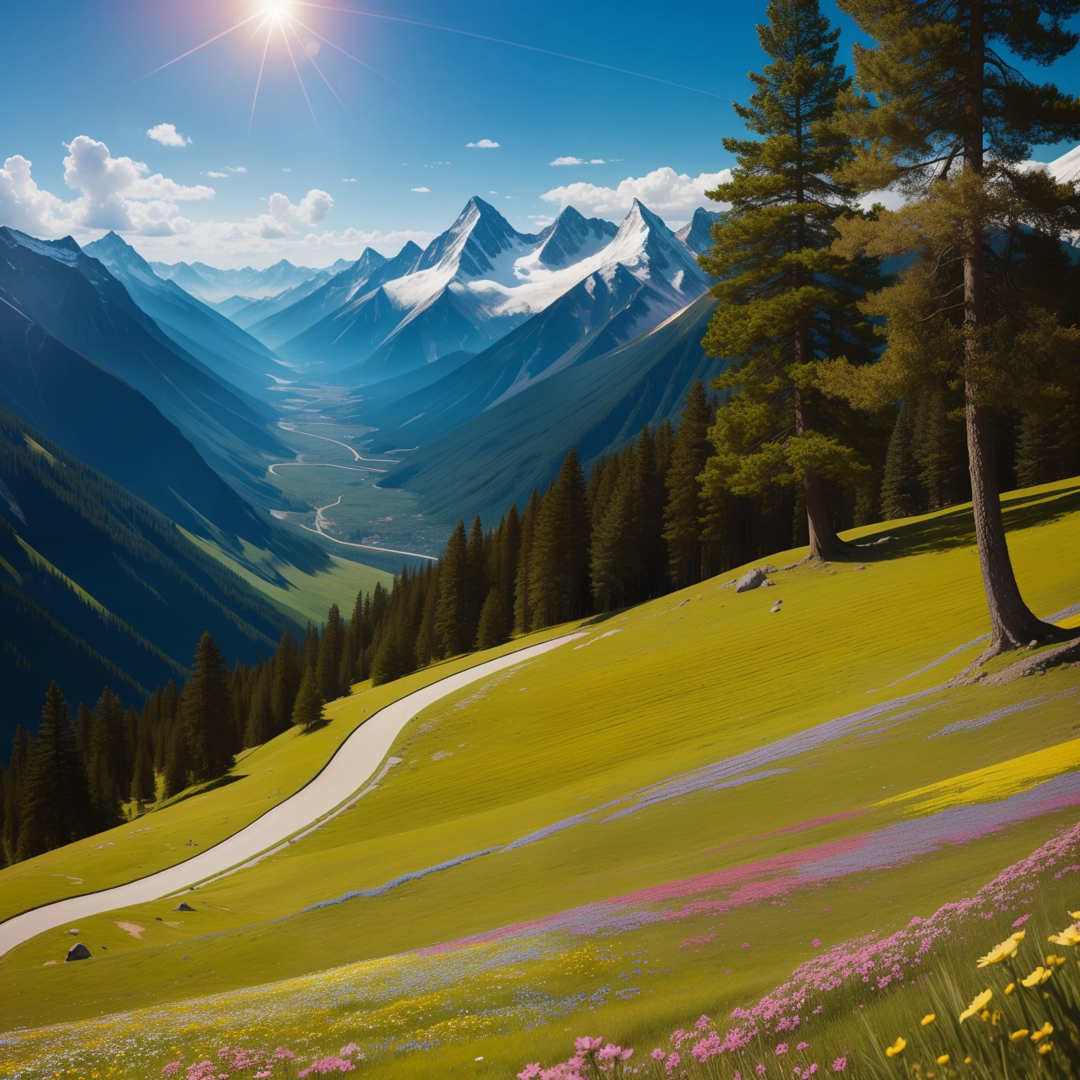 Beautiful sunny environment a mountion , range, small flowers of various colors, trees,