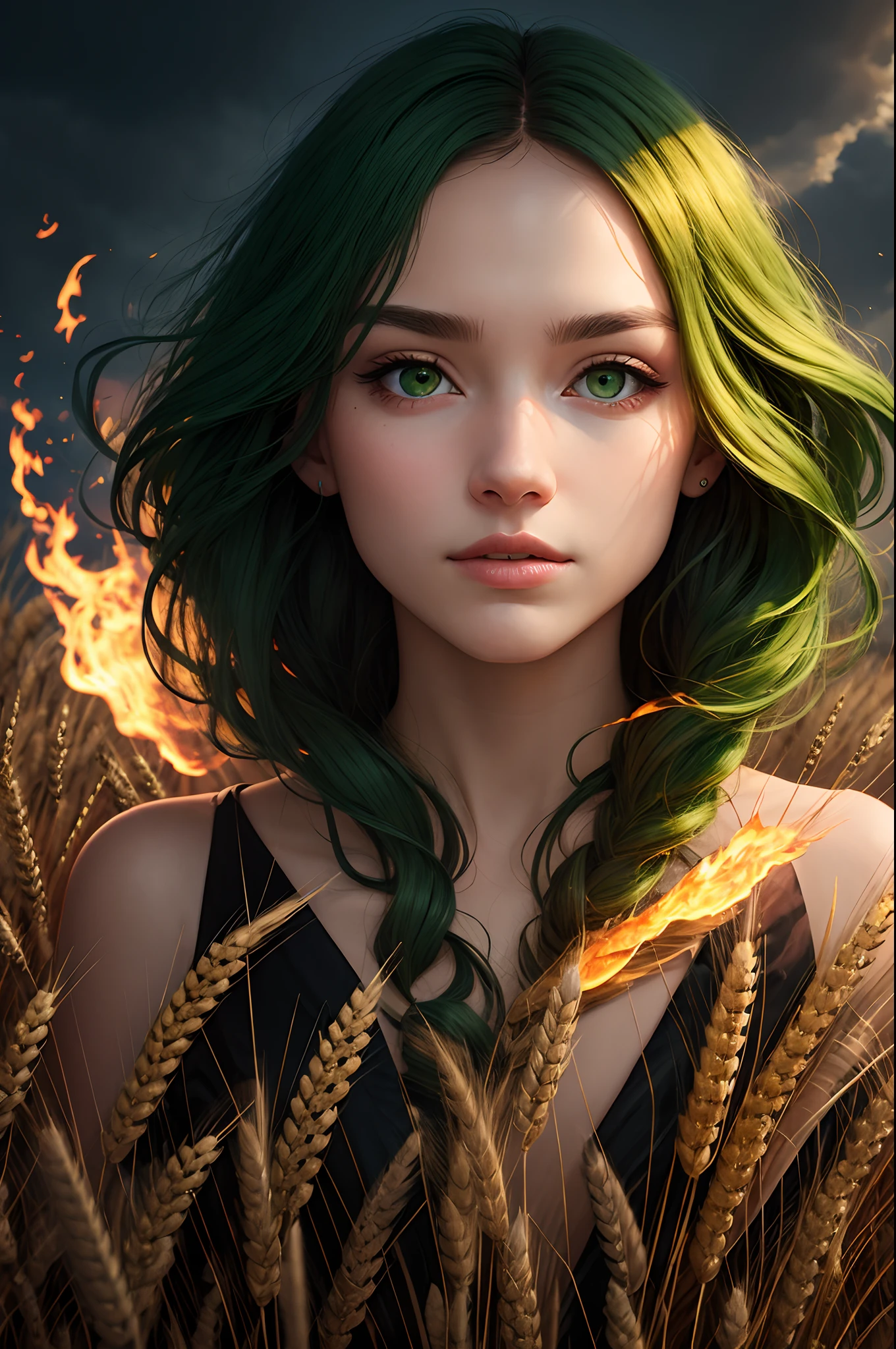 ember,Wheat-colored skin,Golden pupils,Dark green hair,ancient wind