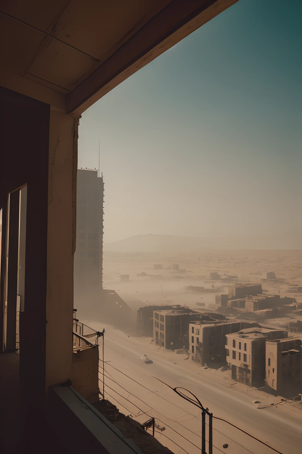 Cinematic film still, retrofuture serbian architecture, desert irradiated postapocalyptic, foggy, (city streets view from balcony:1.2), unreal engine, raytracing, (dust particles:1.1), vertigo, red and orange haze, sandstorm, storm clouds cloudy, the last of us, mad max, resident evil, RAW photo, hyper real photo, 8k uhd, dslr, natural lighting, high quality, film grain, Fujifilm XT3, hyper-realistic, colorgraded, volumetric lighting, volumetric fog,