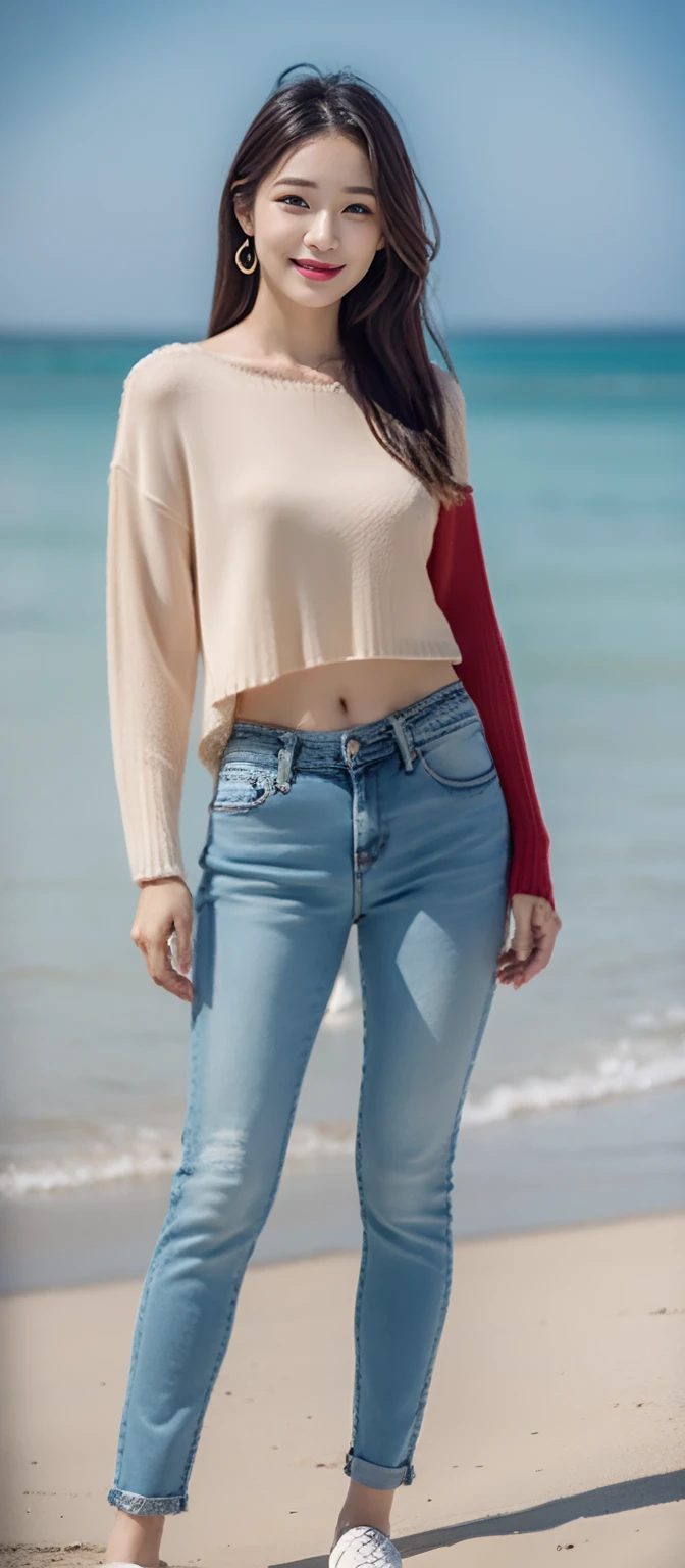 Woman in jeans on the beach,Dancing sexy,Full body shooting:1.8(RAW photogr,超高分辨率,tmasterpiece,best qualtiy:1.4),Complicated details, 20 year old Asian girl,Wear a skinny crop top sweater(Cultivation,Fit snugly to the body)and fashion jeans,Ultra-realistic and detailed costumes,Detailed beach,A sweet smile appeared on the little face,The face is white and tender,skin lightening,Ultra-realistic facial details,Beautiful accessories,Playful and coquettish pose,The calves are straight and slender:1.5,Wear high-end branded travel shoes:1.5,eventide,warm color,Broad lighting,naturalshadow,taking a full body photo:1.8