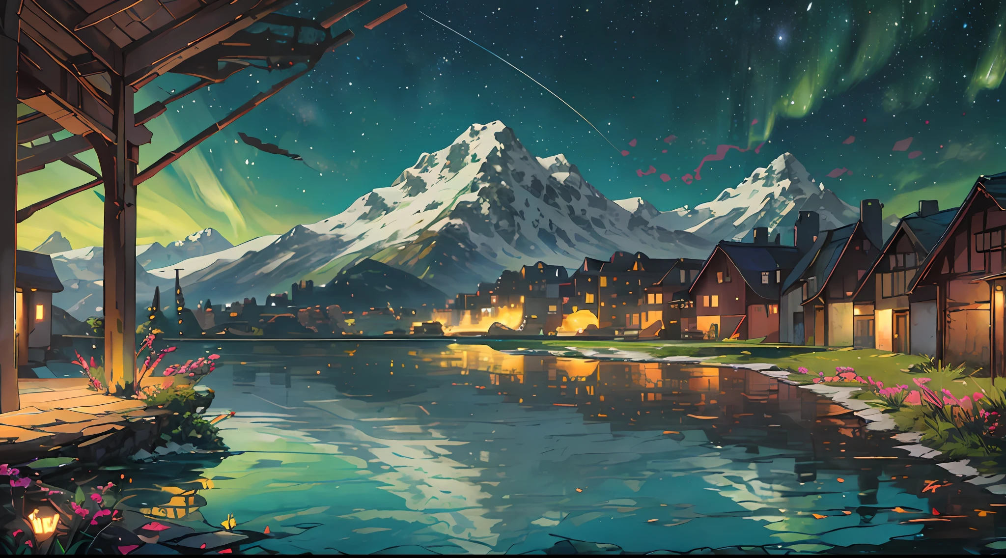 stunning natural phenomenon in the night sky. The green aurora borealis is visible, with its vibrant colors illuminating the dark sky and reflecting off of the body of water below. In the foreground, a mountain can be seen covered in snow, adding to the beauty of this scene. Further away from shore, there are more mountains that appear blurry due to their distance from us. A person can also be seen lying on the ground near these mountains, likely taking in this incredible sight for themselves, (illustration: 1.0), epic composition, realistic lighting, HD details, masterpiece, best quality, (very detailed CG unified 8k wallpaper)