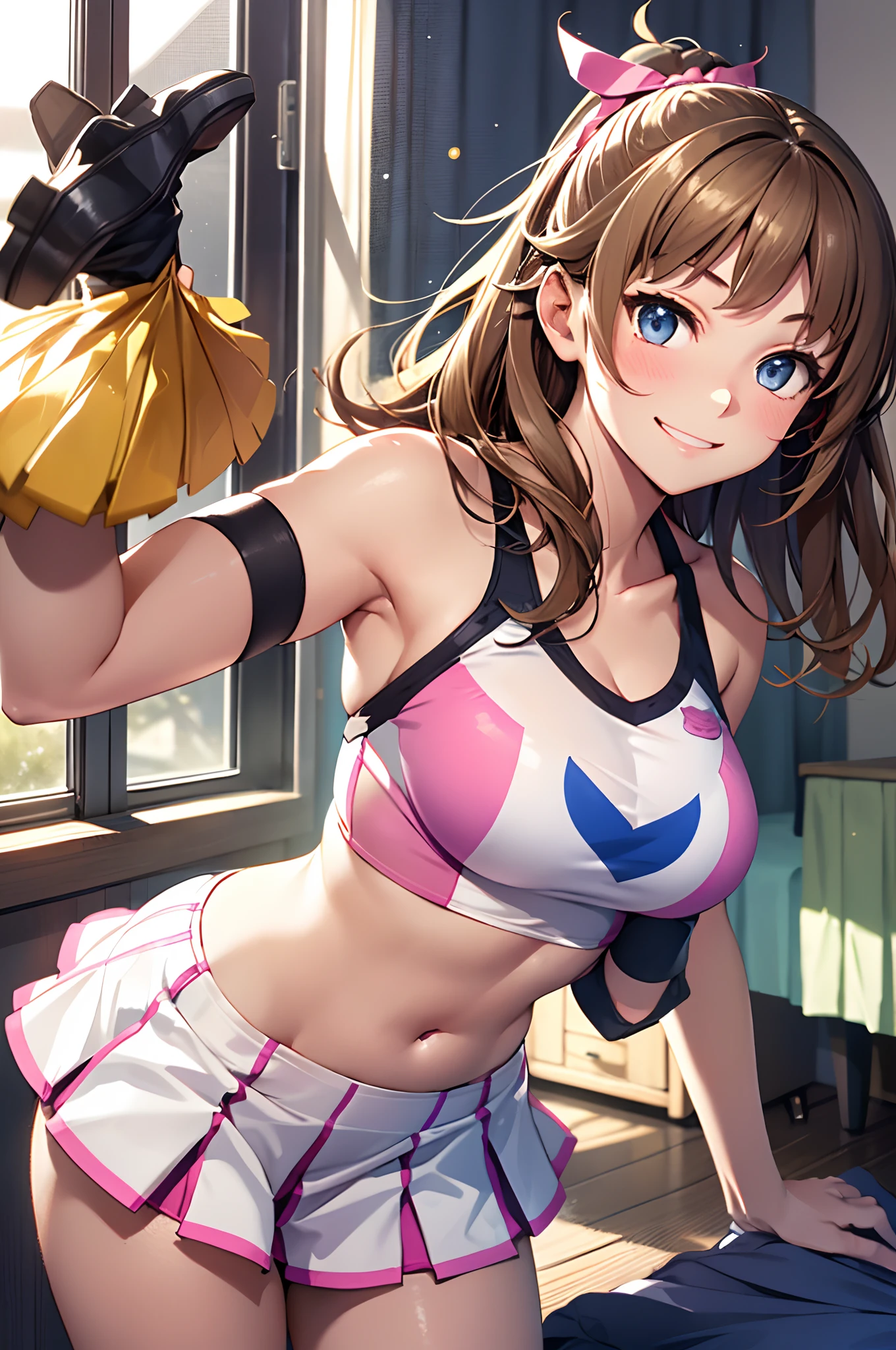 1girl in, light brown hair, large full breasts, pink cheerleader uniform, hason, A smile, bedroom, natta, cowboy  shot、cheering、Underwear is visible through the skirt、streaked々Shorts、Clothes are disheveled