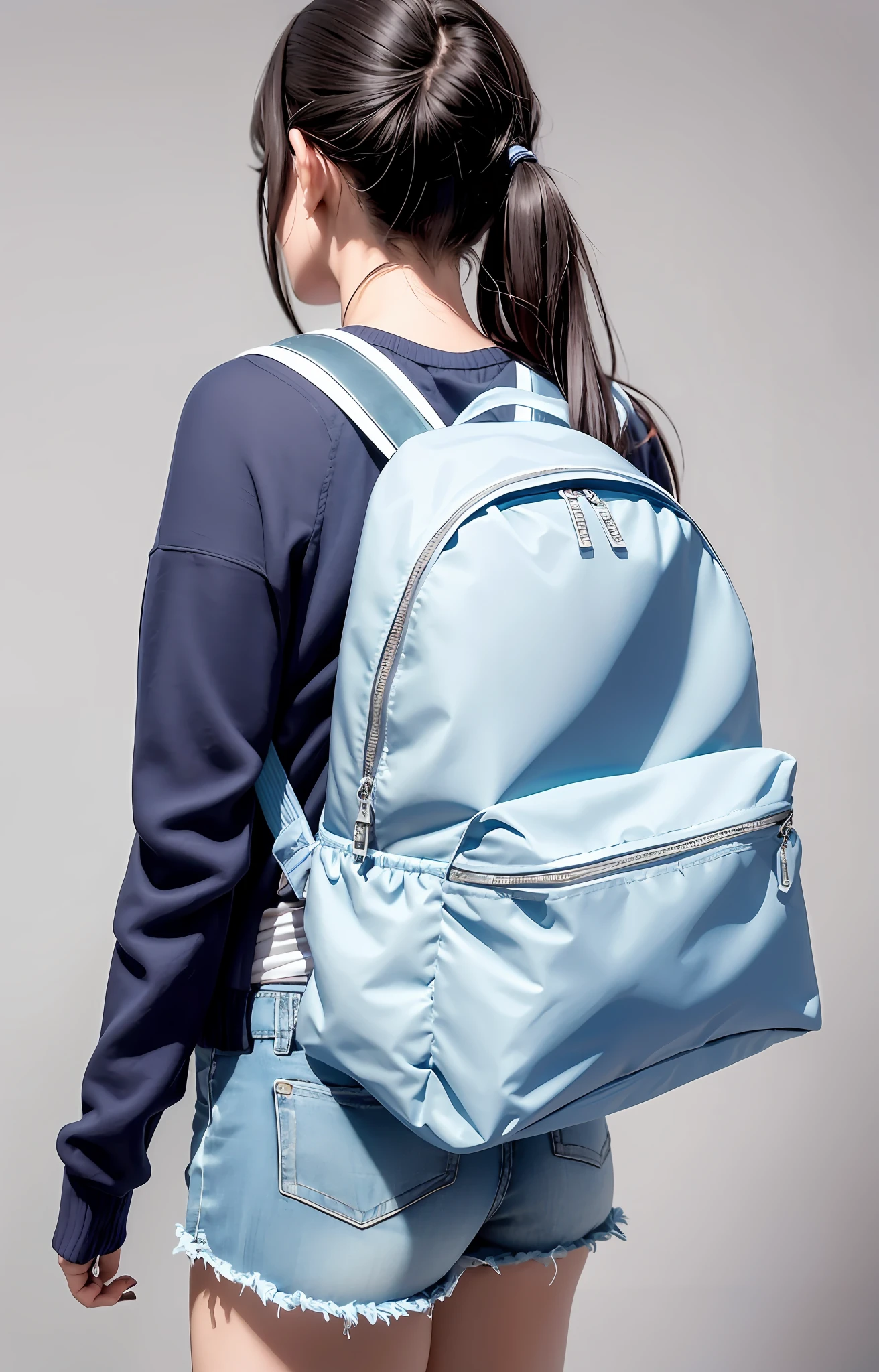Uma mulher bonita de shorts esportivo curto (shorts esportivo curto tem) and blue sweater is carrying a backpack, shorts nylon, shorts esportivo, Costas acentuadas, Back from Toned, Propriedade tonificada, ((shorts esportivo bem curto)) uma mochila, mochila, com uma mochila, mochila disco de controle remoto, Cool tonalizado, accentuated booty, acentos iridescentes brilhantes, com dois bolsos frontais, Metal refletivo, Foto do produto, ao entardecer!, Toneladas perolados |, Noite ao entardecer, Metal refletivo, vivid detail, dusk setting, perolado