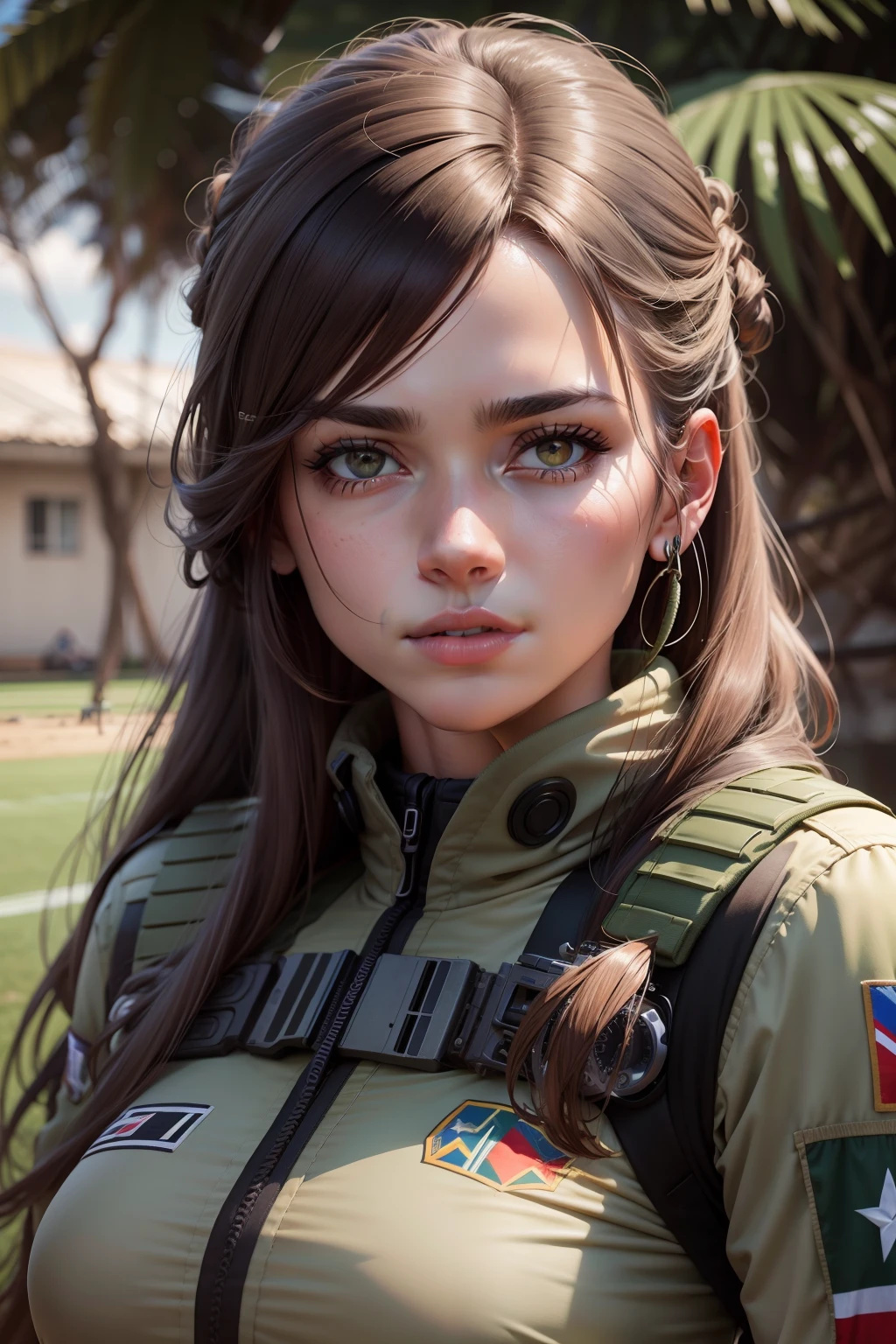 retrato de uma mulher sniper em campo de batalhda