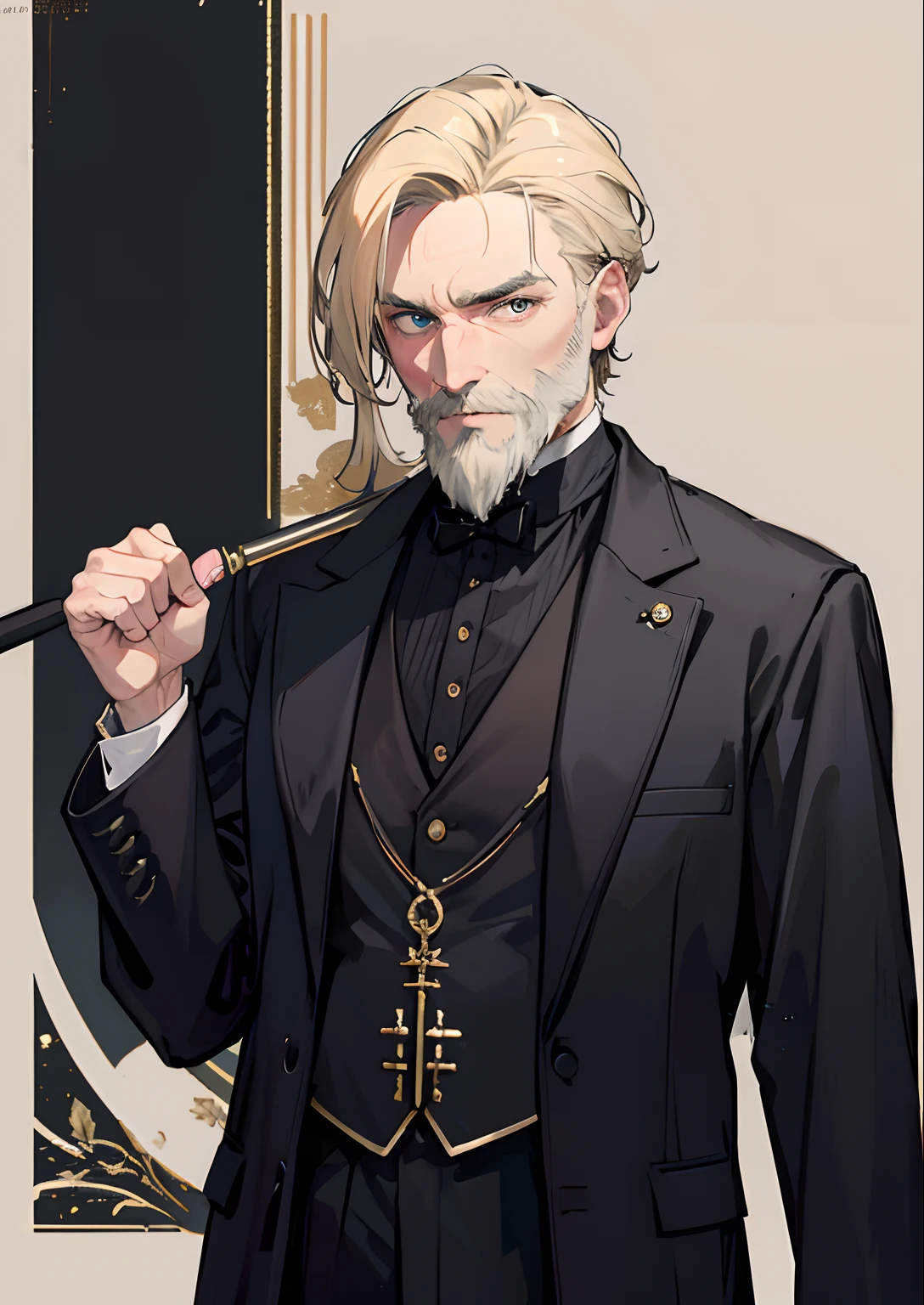 Old Bearded Male, short blonde hair, wearing a black detective coat without any hats, holding a cane, palace background