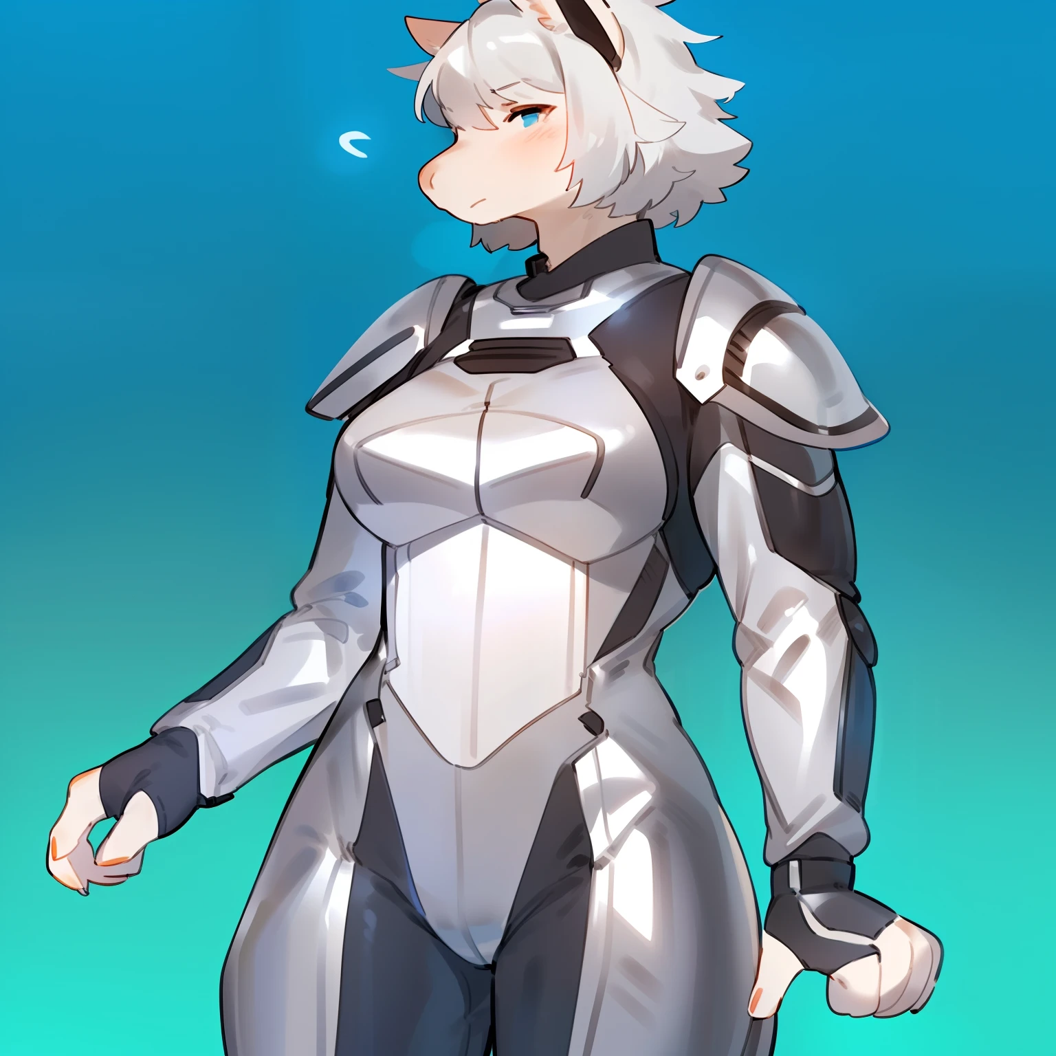 By bebebebebe, by spuydjeks, by buta99, by spikedmauler, solo, standing, female, ((hair, snout)), muscular, steel plate chest plate, metal shoulder pads, ((silver spacesuit under armor)), (((silver)))