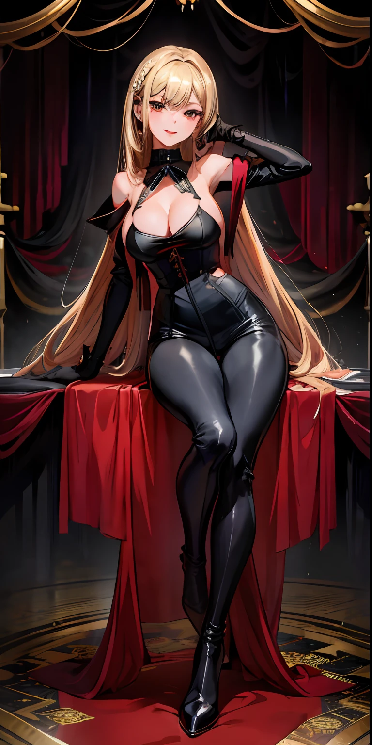 1girl, solo, masterpiece, best quality, highly detailed, kitagawa marin, elegant ballgown, black dress with red and gold accents, intricately detailed, elegant stilettos, long flowing hair, glowing skin, party background, real, big bright red lips, smiling fashion pose, side slit, revealing, large breasts, leaning forward, (dominatrix:0.7), (black knee-high boots), gloves, (black pants:1.3),