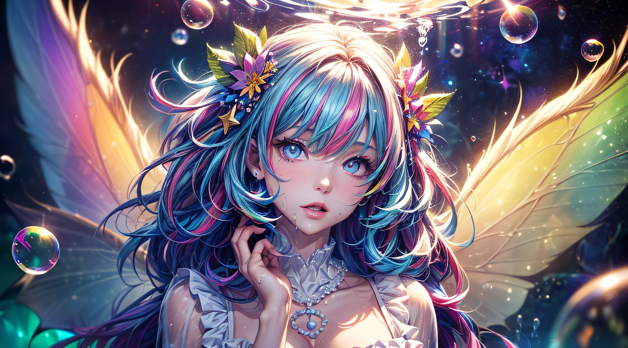 (original), (masterpiece) , (best quality) , (reality: 1.3) , photorealistic, Octane rendering, (surreal: 1.2) , perfect features, 1 girl, colorful, wet, ((translucent frilled nightgown)), (fairy wings), translucent skin, (colored inner hair), translucent hair, ((glowing inner hair)), colorful_hair ornament, the perfect appearance, her face flushed, ( her hands behind her head and out of her armpits1.4), ((caustic, seductive, sexy, charming)), the light red effect, Zero gravity, in space, crystals texture flowers, sparkle, lens flare, light leaks, Broken glass, beautiful detailed gemstone sky, (((colored inner hair, Starry sky adorns hair, (lots_of_big_((colorful))_Bubble), [pearl], [Galaxy], depth of field,colorful bubble, colorful water_drop,colorful spray))), extremely detailed wallpaper, highly detailed illustrations, (1 Girl), (best lighting) , (super-complex details) , 4K unified, (super-detailed CG: 1.2) , (8K: 1.2)