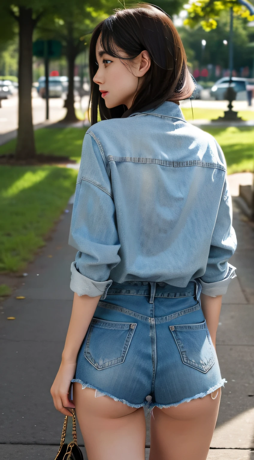 1girll, ass suport, park, Denim shorts,, Masterpiece, Best quality, Highly detailed