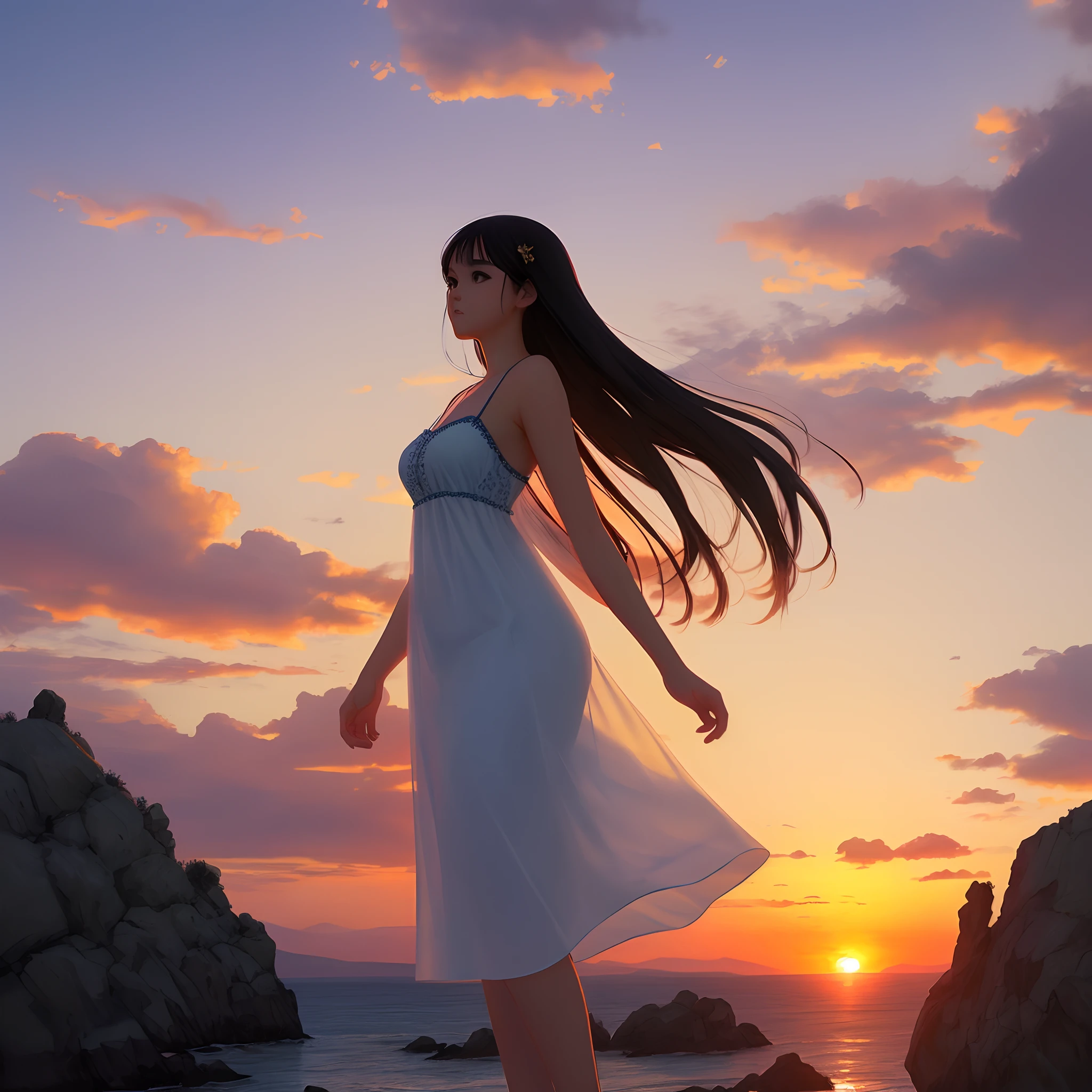 Slightly chubby girl in a slip dress+Manhwa Style+Faraway view+Sunset