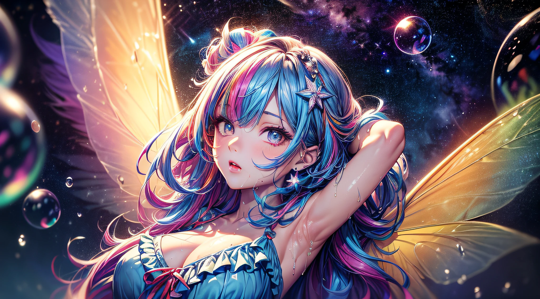 (original), (masterpiece) , (best quality) , (reality: 1.3) , photorealistic, Octane rendering, (surreal: 1.2) , perfect features, 1 girl, colorful, wet, ((translucent frilled nightgown)), (fairy wings), translucent skin, (colored inner hair), translucent hair, ((glowing inner hair)), colorful_hair ornament, the perfect appearance, her face flushed, ( her hands behind her head and out of her armpits1.4), ((caustic, seductive, sexy, charming)), the light red effect, Zero gravity, in space, crystals texture flowers, sparkle, lens flare, light leaks, Broken glass, beautiful detailed gemstone sky, (((colored inner hair, Starry sky adorns hair, (lots_of_big_((colorful))_Bubble), [pearl], [Galaxy], depth of field,colorful bubble, colorful water_drop,colorful spray))), extremely detailed wallpaper, highly detailed illustrations, (1 Girl), (best lighting) , (super-complex details) , 4K unified, (super-detailed CG: 1.2) , (8K: 1.2)