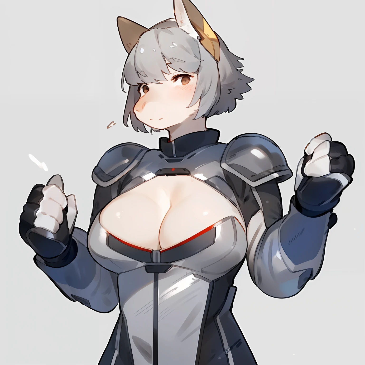 By bebebebebe, by spuydjeks, by buta99, by spikedmauler, solo, standing, female, ((hair, snout)), muscular, steel plate chest plate, metal shoulder pads, ((silver spacesuit under armor)), (((silver))), cleavage