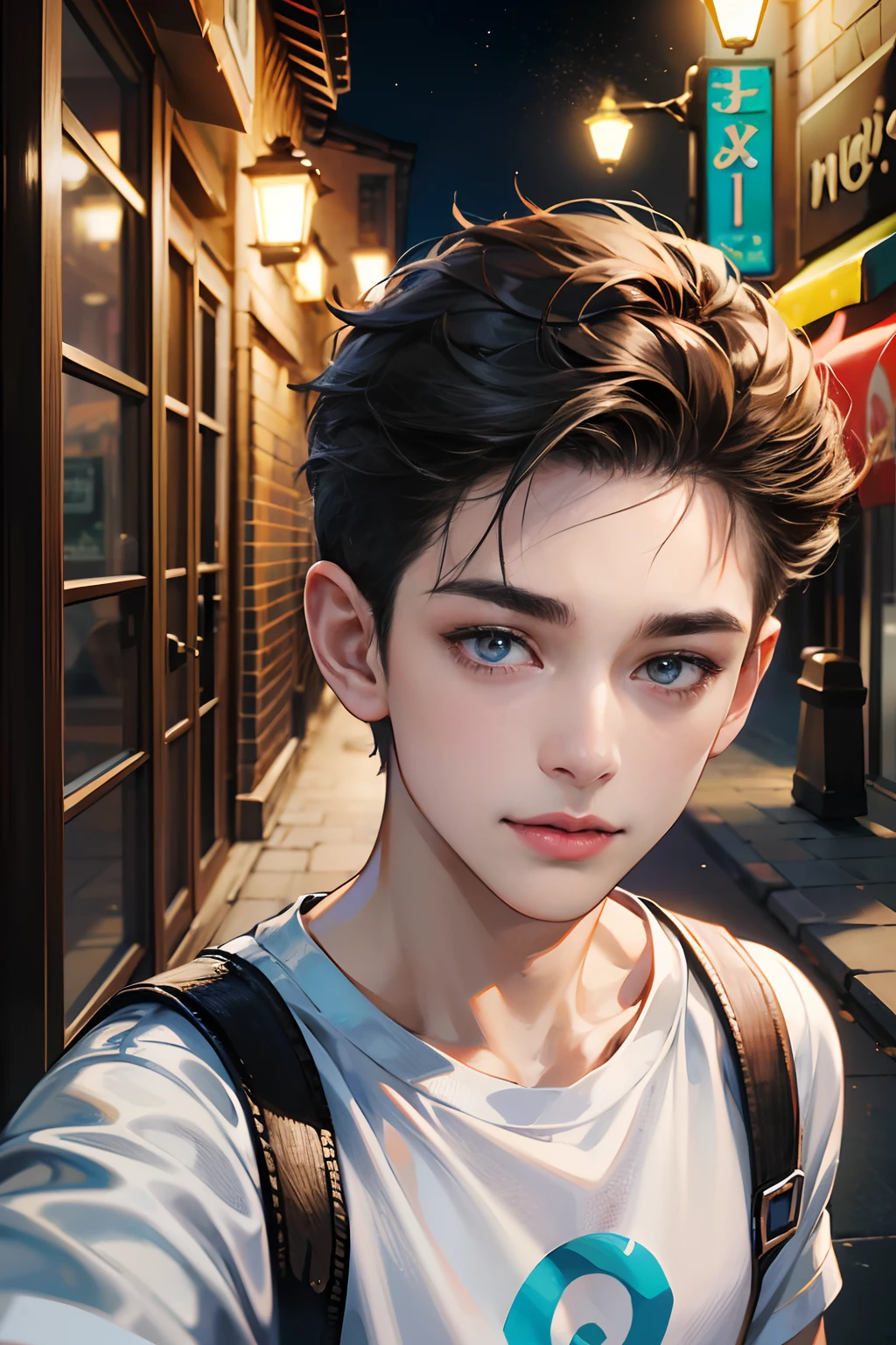 (absurdres, highres, ultra detailed, HDR), masterpiece, best quality, 1boy,, handsome, short hair, finely eye and detailed face, (white t-shirt), (jean jacket), dimple, forehead, night street, night city, midnight, selfie shot, light smile, upper body