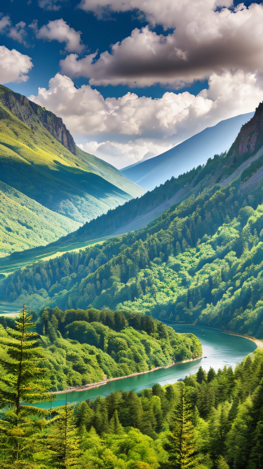 Masterpiece, ultimate quality, Cg unity 8k wallpaper, super delicate, beautiful sky and clouds, rich natural scenery, cliffs, lakes and rivers, waterfalls and flying water, beautiful green mountains, no trace of people, excellent scenery, has already won a photo contest, background Blurring, full depth of field, HDR high dynamics, true restoration, intricate, extreme details, dramatic presentation, perfectly presenting the style of midjourney art.