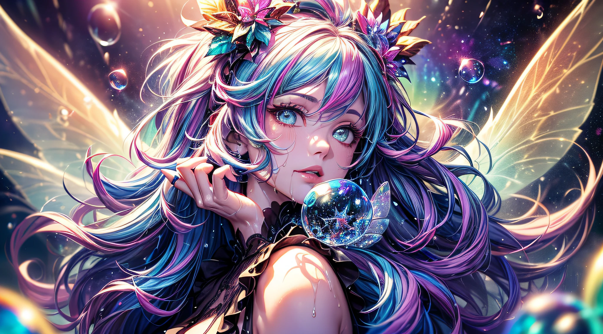 (original), (masterpiece) , (best quality) , (reality: 1.3) , photorealistic, Octane rendering, (surreal: 1.2) , perfect features, 1 girl, colorful, wet, ((translucent frilled nightgown)), (fairy wings), translucent skin, (colored inner hair), translucent hair, ((glowing inner hair)), colorful_hair ornament, the perfect appearance, her face flushed, ( her hands behind her head and out of her armpits1.4), ((caustic, seductive, sexy, charming)), the light red effect, Zero gravity, in space, crystals texture flowers, sparkle, lens flare, light leaks, Broken glass, beautiful detailed gemstone sky, (((colored inner hair, Starry sky adorns hair, (lots_of_big_((colorful))_Bubble), [pearl], [Galaxy], depth of field,colorful bubble, colorful water_drop,colorful spray))), extremely detailed wallpaper, highly detailed illustrations, (1 Girl), (best lighting) , (super-complex details) , 4K unified, (super-detailed CG: 1.2) , (8K: 1.2)