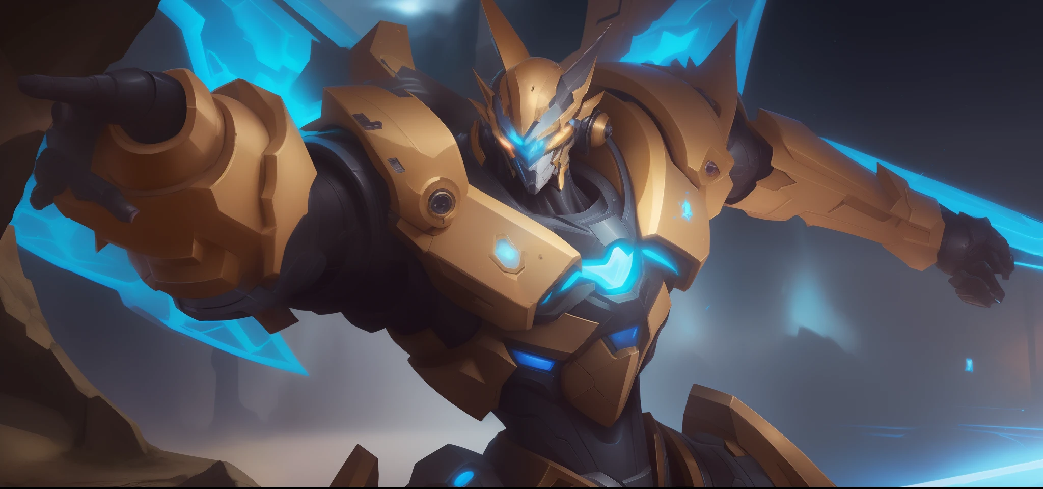 a close up of a robot with a blue light on its face, League of Legends arte splash, Arte conceitual de League of Legends, nasus, paladino de ouro, Arte conceitual do Omegamon, Splash Art Oficial, Estilo de mecha legal, alexandre ferra mecha, Arte Mecha, Arte do personagem de League of Legends, Dragon Mech bem blindado
