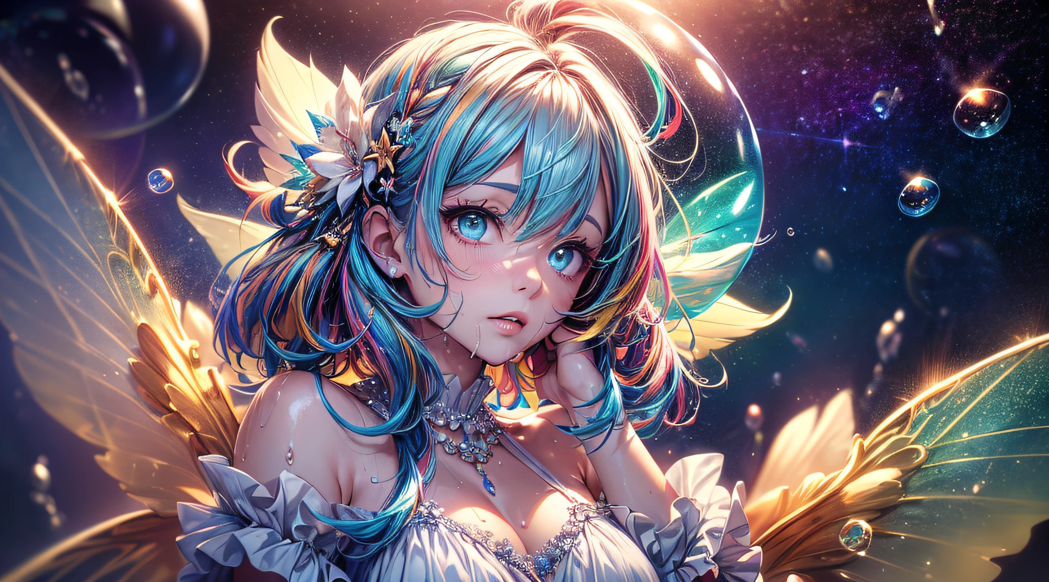 (original), (masterpiece) , (best quality) , (reality: 1.3) , photorealistic, Octane rendering, (surreal: 1.2) , perfect features, 1 girl, colorful, wet, ((translucent frilled nightgown)), (fairy wings), translucent skin, (colored inner hair), translucent hair, ((glowing inner hair)), colorful_hair ornament, the perfect appearance, her face flushed, ( her hands behind her head and out of her armpits1.4), ((caustic, seductive, sexy, charming)), the light red effect, Zero gravity, in space, crystals texture flowers, sparkle, lens flare, light leaks, Broken glass, beautiful detailed gemstone sky, (((colored inner hair, Starry sky adorns hair, (lots_of_big_((colorful))_Bubble), [pearl], [Galaxy], depth of field,colorful bubble, colorful water_drop,colorful spray))), extremely detailed wallpaper, highly detailed illustrations, (1 Girl), (best lighting) , (super-complex details) , 4K unified, (super-detailed CG: 1.2) , (8K: 1.2)