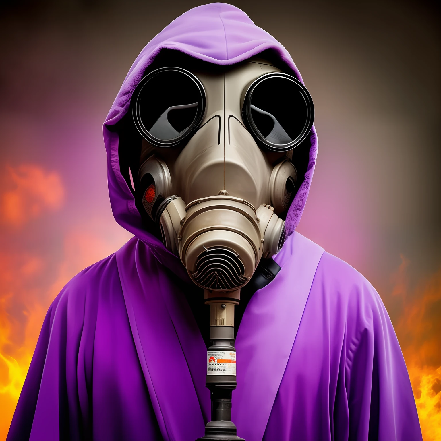 A man with a gray gas mask draped in a glowing purple robe,Holding a glowing purple skull in his hand