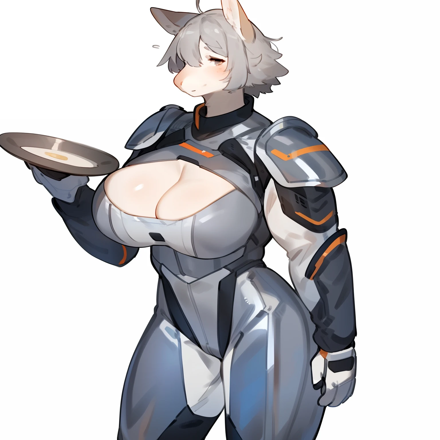 By bebebebebe, by spuydjeks, by buta99, by spikedmauler, solo, standing, female, ((hair, snout)), steel plate chest plate, metal shoulder pads, ((silver spacesuit under armor)), (((silver))), cleavage, big breasts, (((muscular)))