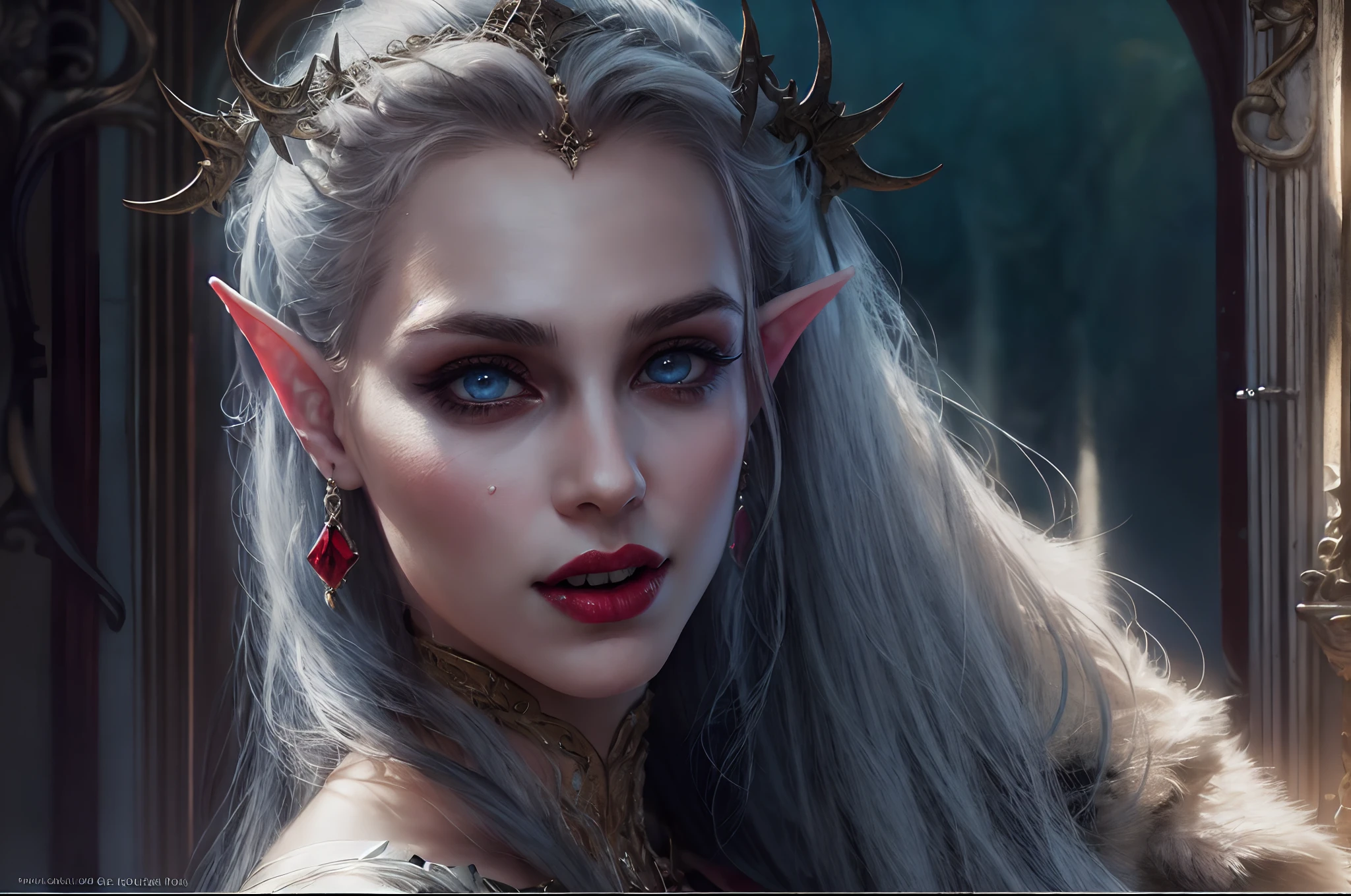 a picture of vampire elf in her castle, an exquisite beautiful female vampire elf in her library,  full body (ultra detailed, Masterpiece, best quality), ultra detailed face (ultra detailed, Masterpiece, best quality), grey skin, blond hair, hair in a ponytail, long hair, blue eyes, cold eyes, glowing eyes, intense eyes,  small pointed ears, smirking, smile with [drops of blood on face] (ultra detailed, Masterpiece, best quality), dark red lips, [vampire fangs], wearing white dress (ultra detailed, Masterpiece, best quality), dark blue cloak, high heeled boots in dark fantasy library, book shelves, high details, best quality, 8k, [ultra detailed], masterpiece, best quality, (ultra detailed), full body, ultra wide shot, photorealism, luis royo style, dark fantasy art, moon light coming through the window, moon rays, gothic art, sense of dread, sense of seduction