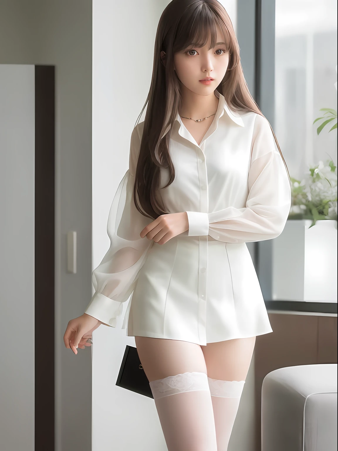 (8K, RAW Photos, Best Quality, Masterpiece: 1.2), (Realistic, Photorealistic: 1.37), Best Quality, Ultra High Resolution, Photon Mapping, Radiosity, Physically Based Rendering, Blur, Foreground, Depth of Field, Blurred Background, Photo_\ (Medium), Motion Blur, Girl, (Full Body), Machine Chair Perch, Long Legs, Slender Legs, Long Hair, bangs, (bangs visible), hair_ornament, lips, hair clip, solo, brown_eyes, nosesoft, sheer white blouse, miniskirt, stockings, lower,