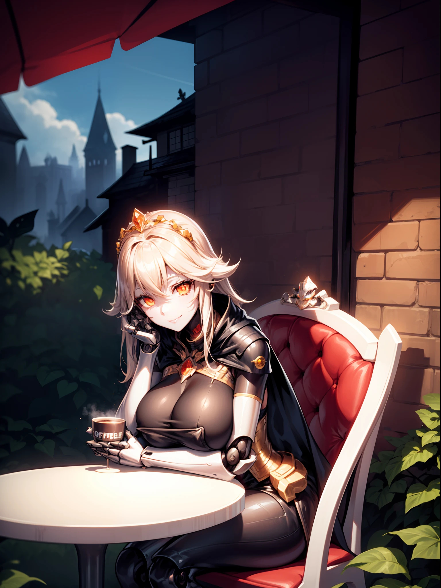 1girl,solo, robot girl, humanoid robot,robot joints, orange eyes,long hair, (colored skin),huge breasts,tiara, jewelry, armored dress,gold trim, sleeveles,cape,castle in background, (outdoors),garden,sitting,throne,(coffee cup in hand),table,looking at viewer, light smile,close-up,cowboy shot