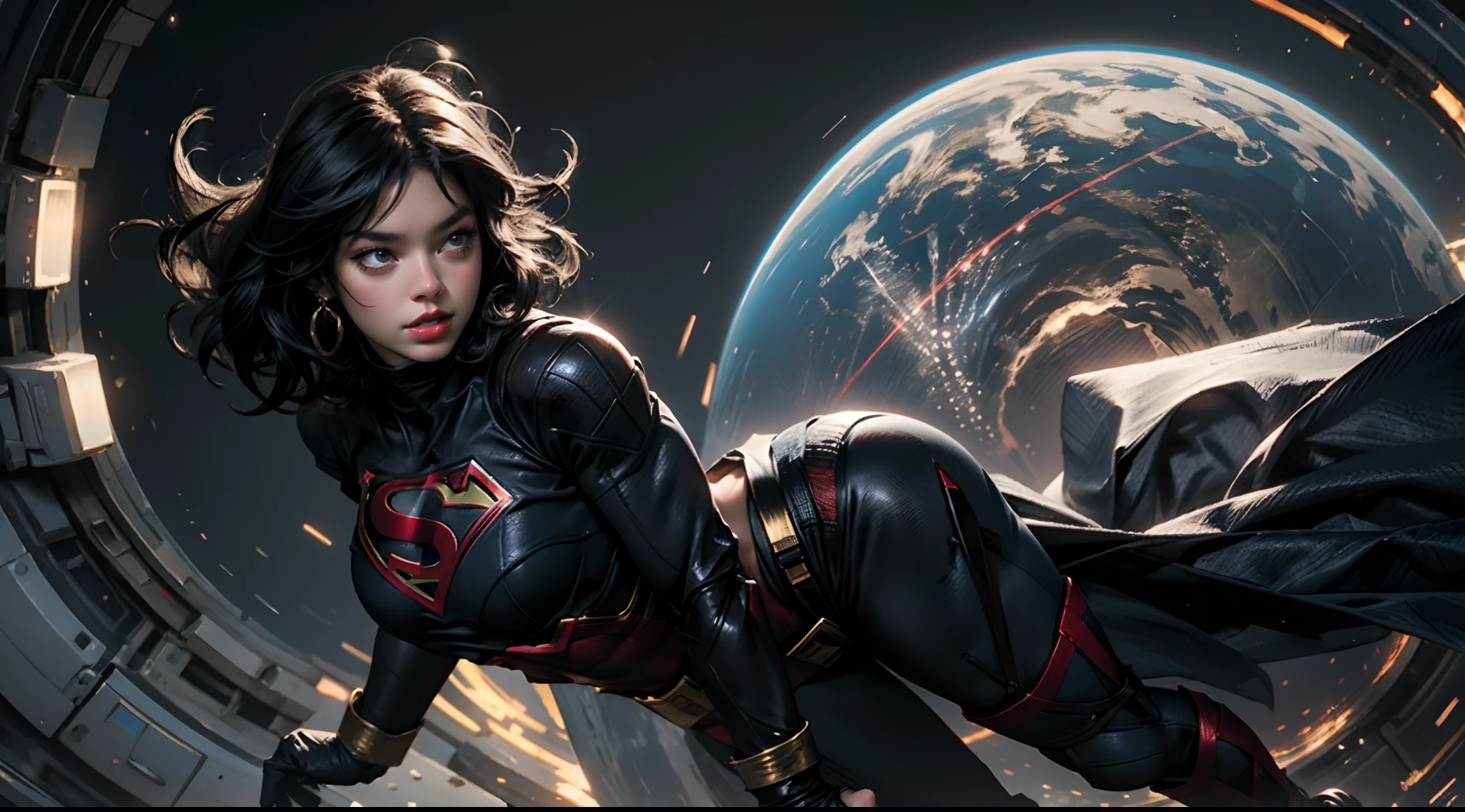 Beautiful woman short black hair defined body big breasts, wearing Supergirl cosplay