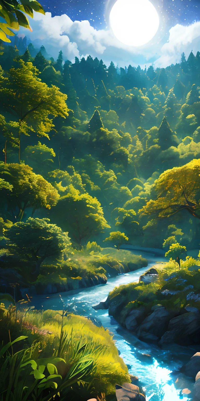 Illustration of a hyperrealistic , otherworldly, ultrasky scene featuring a giant crystal tree full body,very detailed and magical lighting, intricate forest details, vegetation and river around, solarpunk ,landscape, giant tree, beatifull leafy with beautiful lighting and realistic proportions, as if it were a cinematic background, 8k, highest quality, masterpiece, clouds and stars in the sky.
