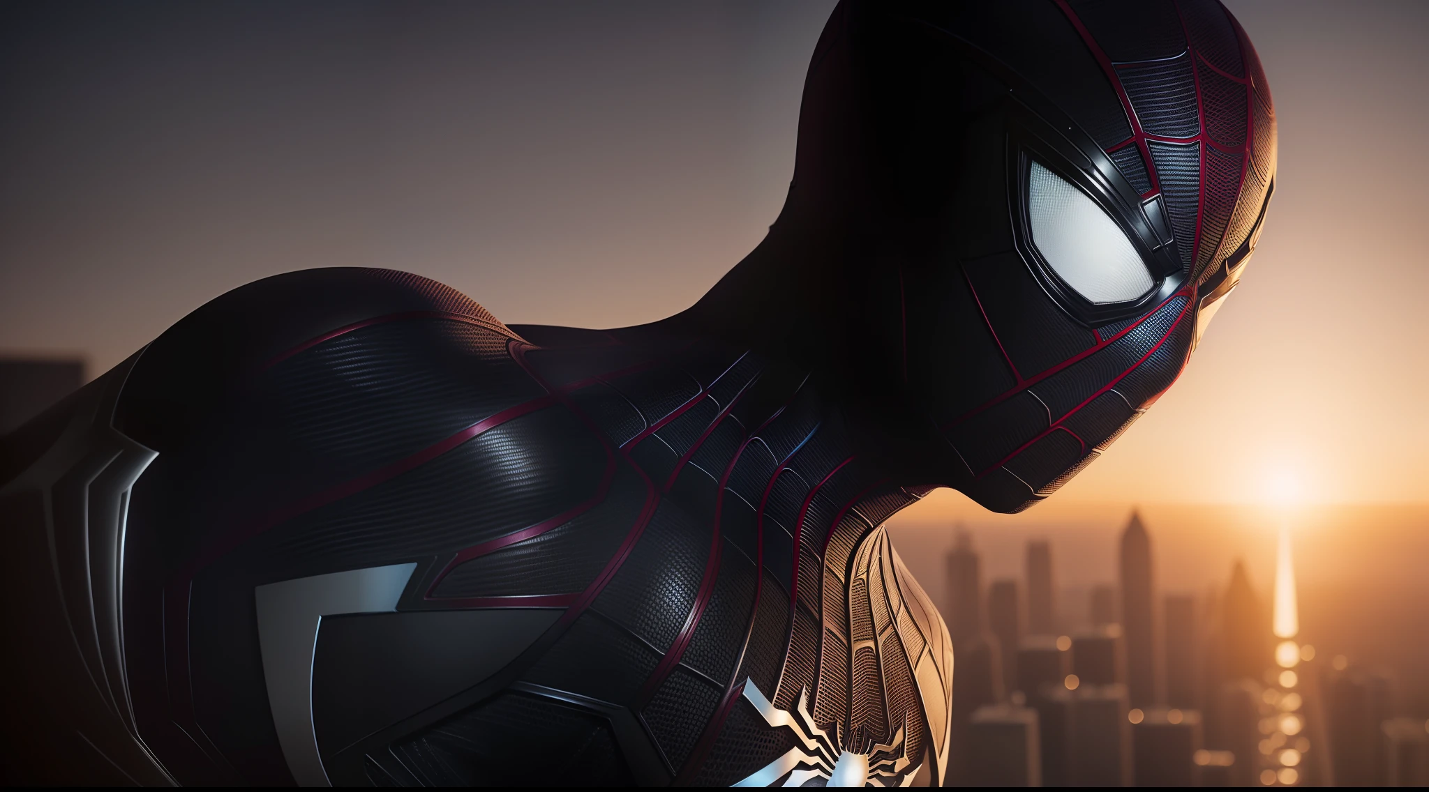 Thomas Stanley Holland as Spider-Man, vhs effect, beautiful elegant face, full body portrait, wearing stylish black spiderman armor, standard body, white skin (skin texture:1.2), intricate details, fine detail, super detail, ray tracing, subsurface scattering, diffuse soft light, shallow depth of field, by (Oliver Wetter)