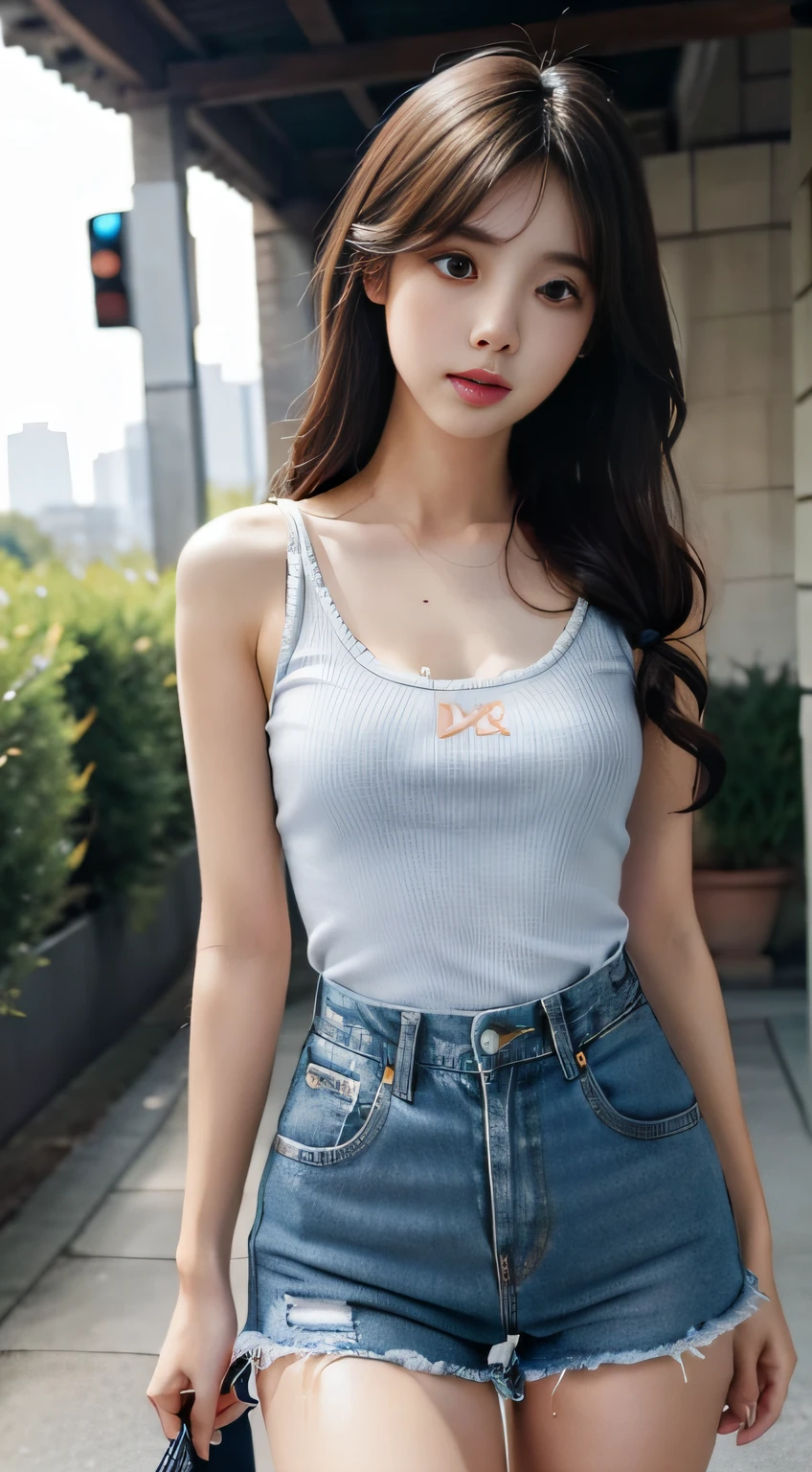 1girll, Chest support, park, Denim shorts,, Masterpiece, Best quality, Highly detailed