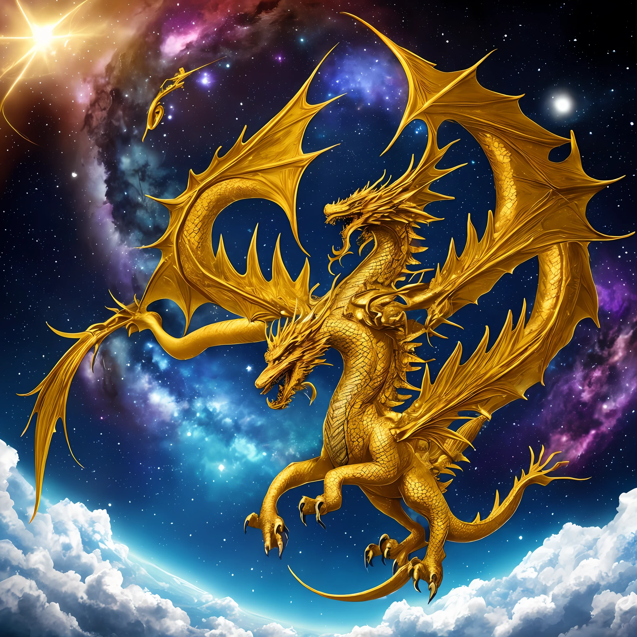 A golden dragon holding the universe