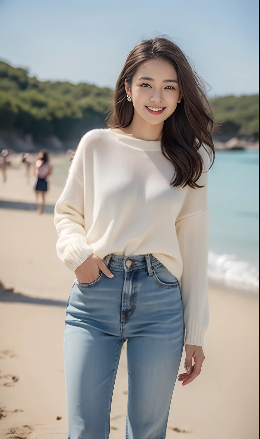 Woman in jeans on the beach,Dancing sexy,Full body shooting:1.8(RAW photogr,超高分辨率,tmasterpiece,best qualtiy:1.4),Complicated details, 20 year old Asian girl,Wear a skinny knit sweater and stylish jeans,detailed outfits,Detailed beach,A sweet smile appeared on the little face,The face is white and tender,skin lightening,Ultra-realistic facial details,Beautiful accessories,Playful and coquettish pose,The calves are straight and slender:1.5,Wear high-end branded travel shoes:1.5,eventide,warm color,Broad lighting,naturalshadow,taking a full body photo:1.8