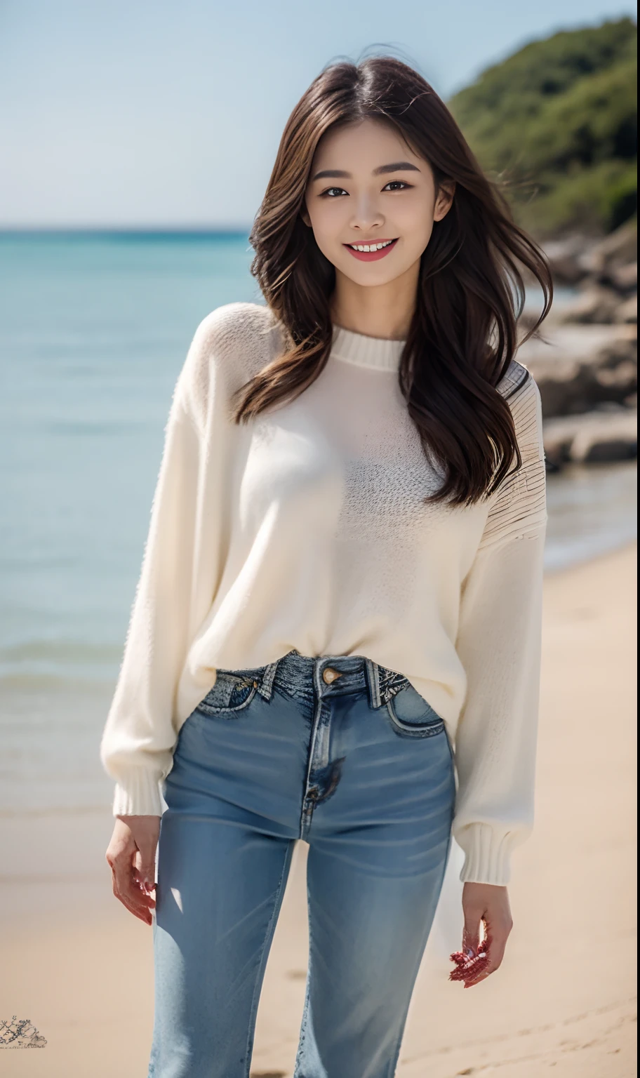 Woman in jeans on the beach，Dancing sexy，Full body shooting:1.8（RAW photogr，超高分辨率，tmasterpiece，best qualtiy：1.4），Complicated details， 20 year old Asian girl，Wear a skinny knit sweater and stylish jeans，detailed outfits，Detailed beach，A sweet smile appeared on the little face，The face is white and tender，skin lightening，Ultra-realistic facial details，Beautiful accessories，Playful and coquettish pose，The calves are straight and slender:1.5，Wear high-end branded travel shoes:1.5，eventide，warm color，Broad lighting，naturalshadow，taking a full body photo:1.8