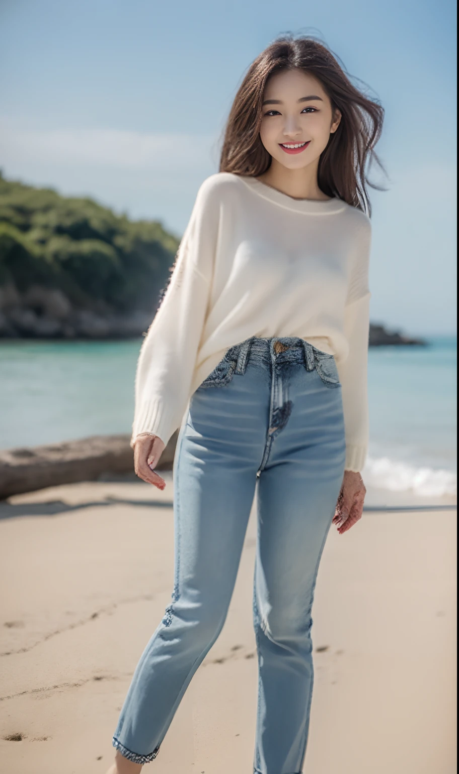 Woman in jeans on the beach，Dancing sexy，Full body shooting:1.8（RAW photogr，超高分辨率，tmasterpiece，best qualtiy：1.4），Complicated details， 20 year old Asian girl，Wear a skinny knit sweater and stylish jeans，detailed outfits，Detailed beach，A sweet smile appeared on the little face，The face is white and tender，skin lightening，Ultra-realistic facial details，Beautiful accessories，Playful and coquettish pose，The calves are straight and slender:1.5，Wear high-end branded travel shoes:1.5，eventide，warm color，Broad lighting，naturalshadow，taking a full body photo:1.8