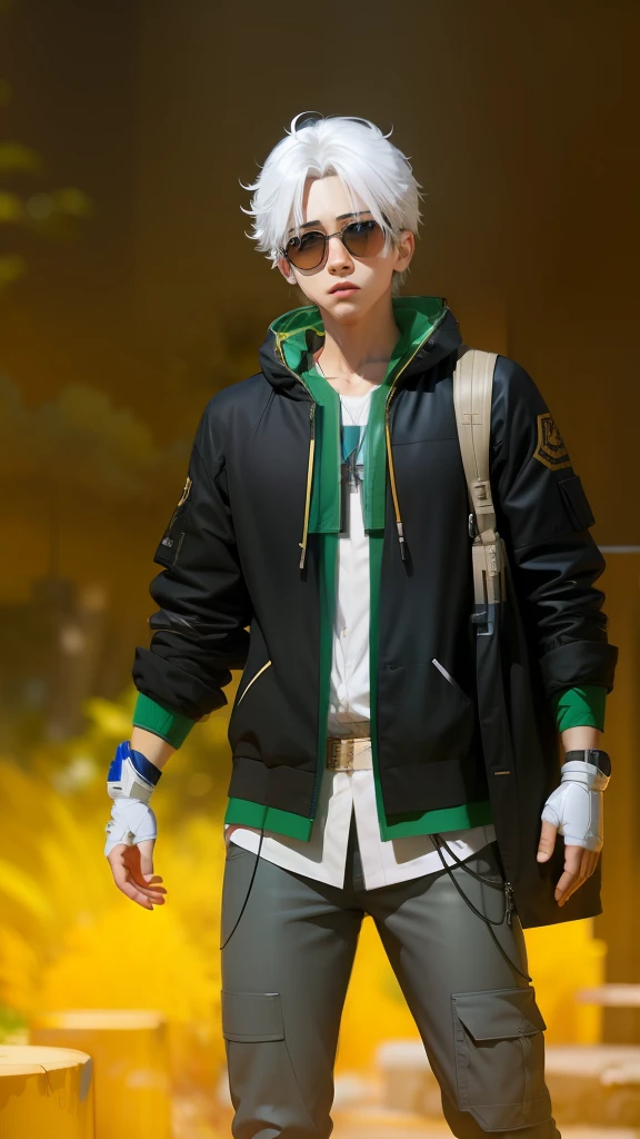 Anime, realistic, 1boy handsome, Korea, white hair, 4k quality, Wear sunglasses