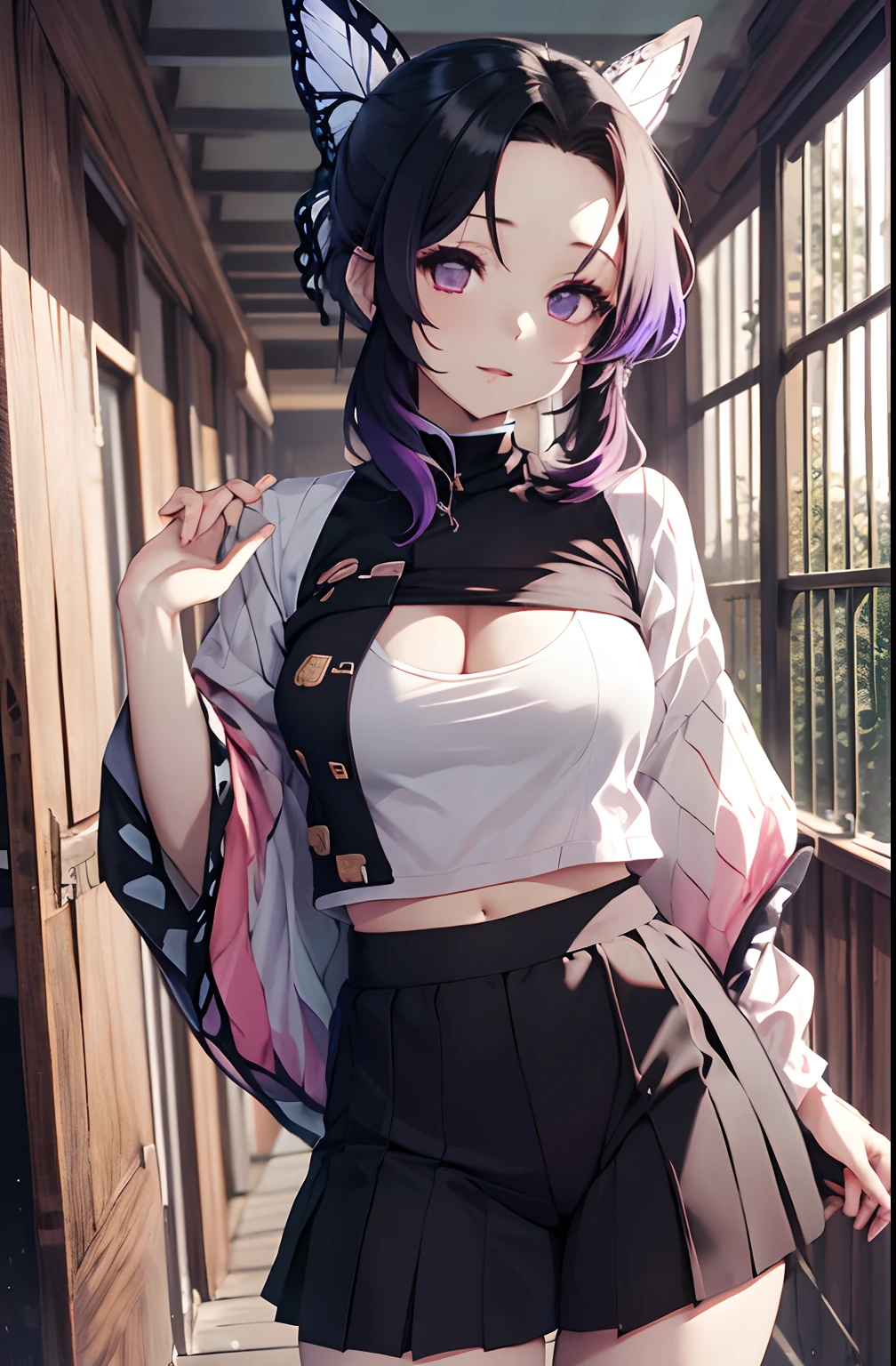 masutepiece, Best Quality, hight resolution, 1girl in, 独奏, kochou shinobu, Decorate your hair with butterflies, violet eyes, Multi-colored hair, Short hair, Parted bangs, Short shorts, open one's legs, Skirt, Turtleneck Top, Navel Ejection, outside of house, Erotica, large full breasts, Body line, the beach, Black pants, teats