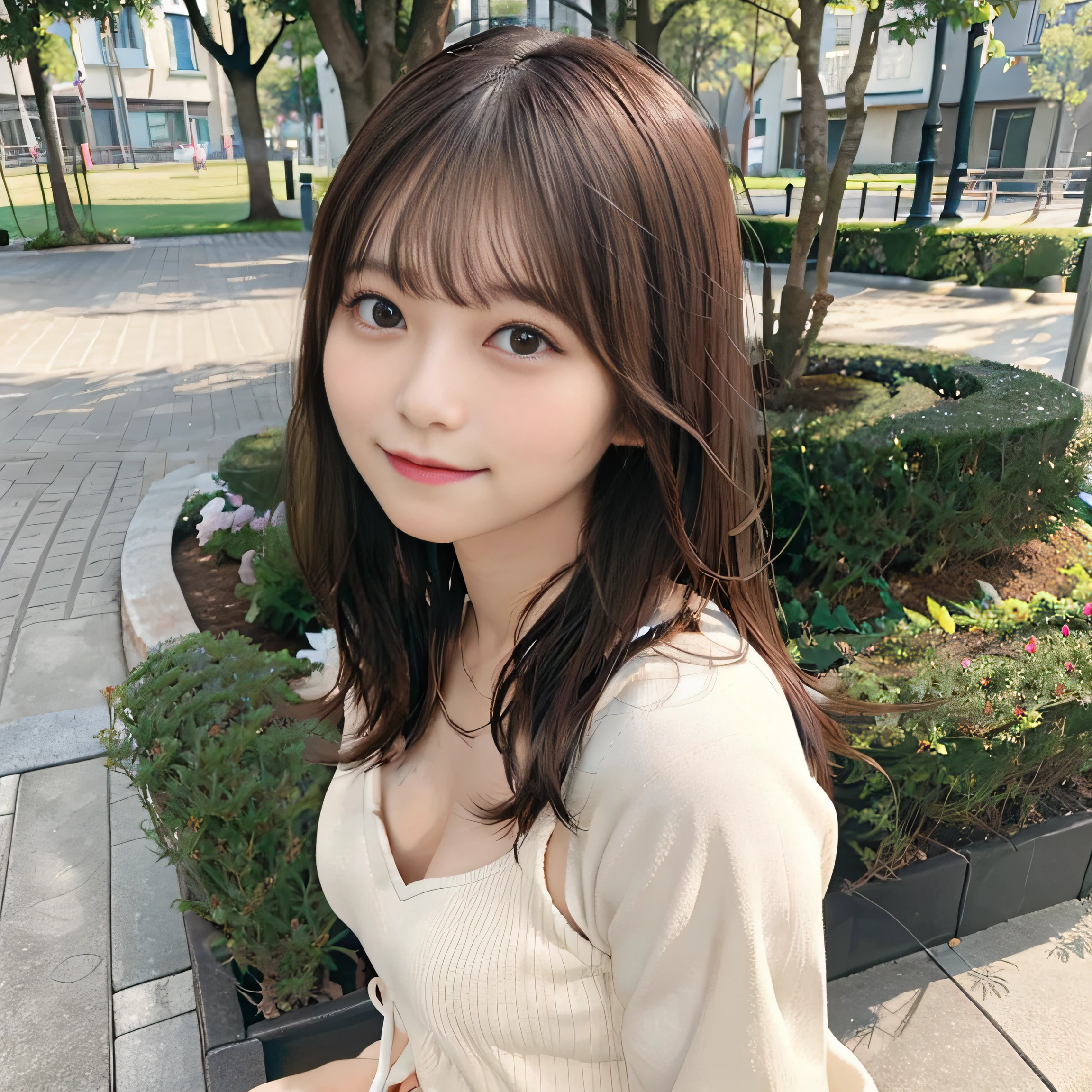 in 8K,Best Quality:1.4, 超A high resolution:1.5, (Photorealistic:1.4),masterpiece:1.2,(top-quality:1.4)、 Raw photo、 (From the knee up:1.6, From Side:0.7), (the background is blurred), a park,FULL BODYSHOT:1.4、 1日本人の女の子, Cute, (Solo), (Shy smile), Smooth skin、 (Brown medium hair,Bangs), (touch hair:1.4)、nogizaka、cute little、Supple fingertips,Beautiful black eyes、natural skin textures:1.3, realistic eyes and face details:1.7、middlebreasts、backshots:1.2、the setting sun、Gravure Pose:1.1、Toned buttocks:1.5、gazing at viewer