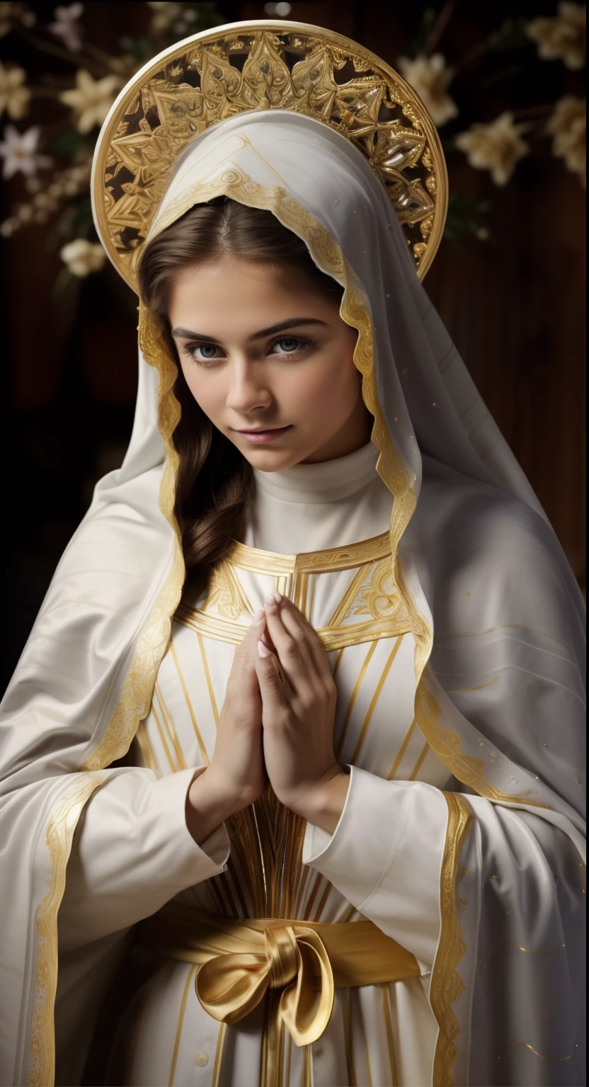 ((Blessed Virgin Mary. 19 years old)))  (((imagen vintage))) ((( Con una cara seria y piadosa. Con una mirada dulce y tierna))) (obra maestra, calidad superior, mejor calidad, arte oficial, beautiful and aesthetic: 1.2), (1girl), extremadamente detallado, (Arte fractal: 1.3), colorido, highest detailed, Cara perfecta, parte superior del cuerpo, HDR, (orando: 1.3), (golden lines of white coat: 1.2), galaxia, (rayas de luz), eye-catching visuals, (dynamic stripes, senderos luminosos: 1.2), colores vibrantes,
