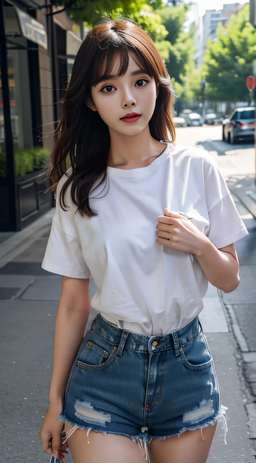 masterpiece, top-quality, 1 beautiful girl, (Detailed beautiful eyes), ((Detailed skin)) , ((Detailed medium hair )), A beautiful 170cm, in colorful clothings hiphop style, oversize shirt and high waist short jeans, RAW photos, CG rendering, Blurred background, deep shadow, 16K, bokered, Very detailed, wallpaper, depth of field, movie light, Ray tracing,