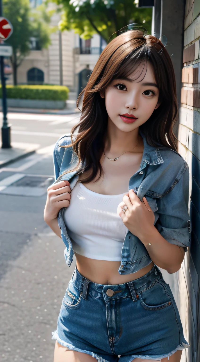 1girll, Chest support, park, Denim shorts,, Masterpiece, Best quality, Highly detailed