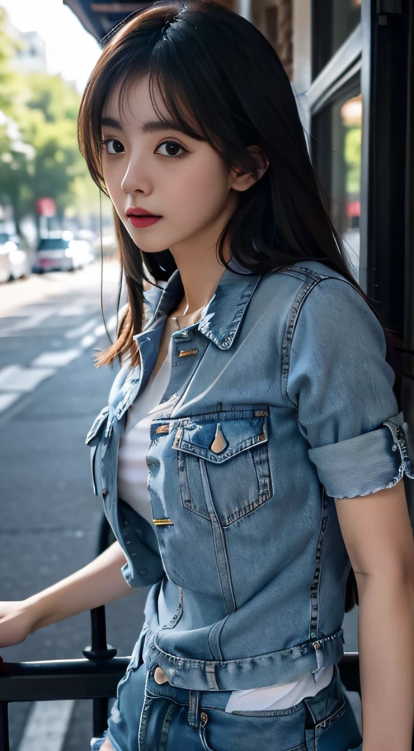 1girll, Chest support, park, Denim shorts,, Masterpiece, Best quality, Highly detailed