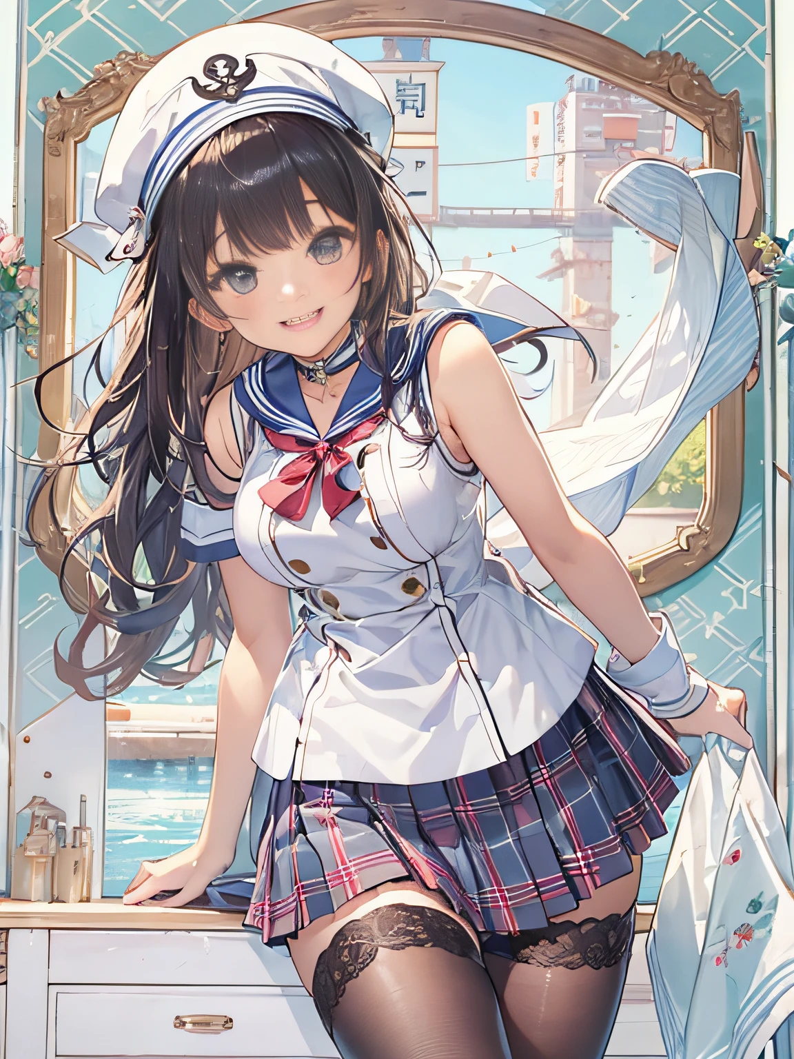 a 20 yo woman、Japan school uniform、(Sailor suit in cute shades)、(White sailor color)、Smiling with a sexual expression、Cute hairstyle、Colossal tits、Close-up view of shoulders from the side、(Close-up view of the collar from the side)、high-level image quality、beautiful Girl、sea side、a sailor suit、((white sailor collar))、Sleeveless、Plaid pleated skirt、Stockings、(huge-breasted)、Fluttering the chest、emphasizing breasts、Sleeveless、Smiling、pantie shot、Panchira、Cute patterned panties、Pants with cute patterns、Show the armpits